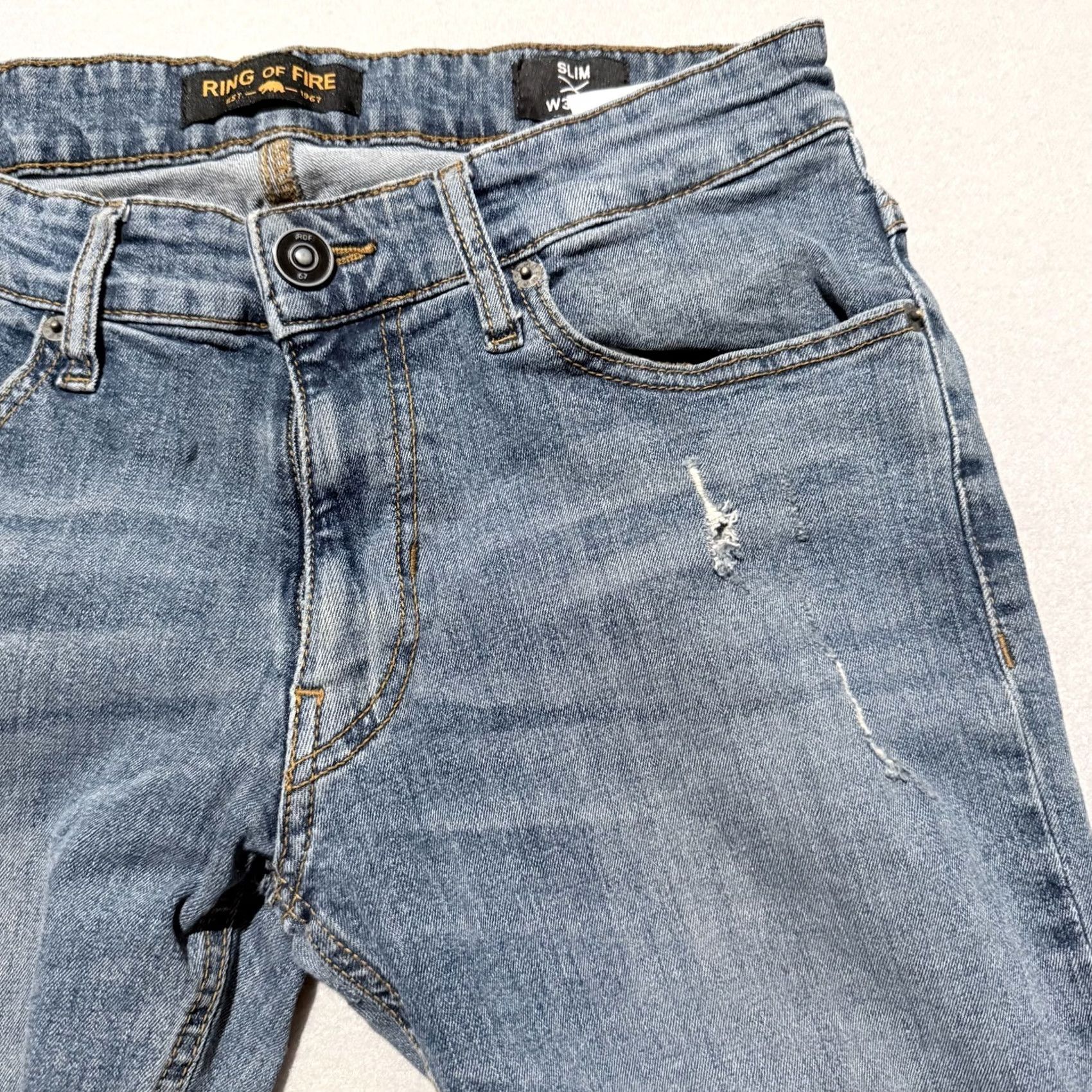 Ring Of Fire Ring of Fire Slim-Fit Jeans Men Blue Denim Zip-Fly Distressed Stretch - 30x30 Jeans Size US 30 / EU 46 - 2 Thumbnail