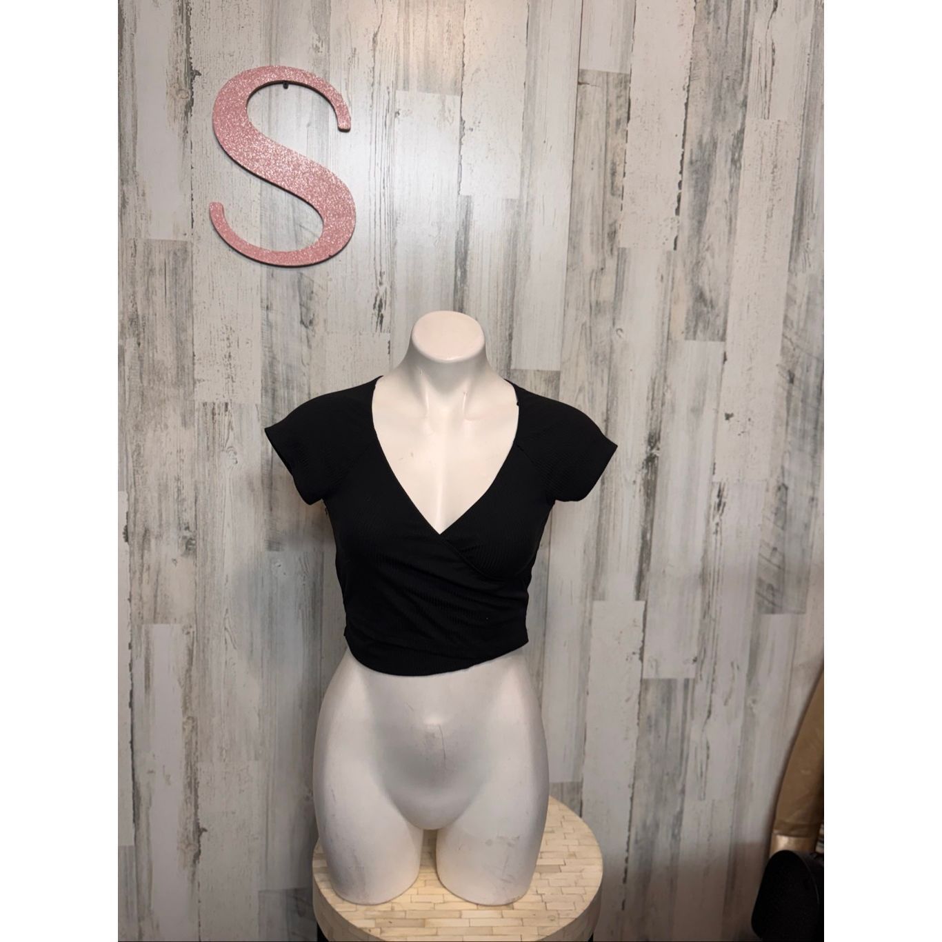 Other Pink Rose Black Ribbed Wrap Crop Top – Size S Size S / US 4 / IT 40 - 1 Thumbnail