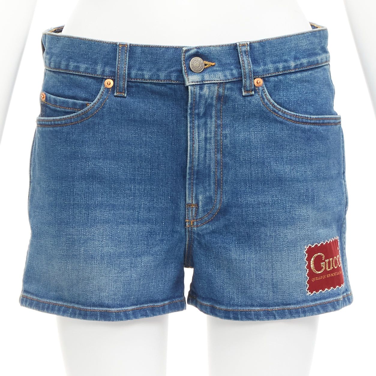 Gucci GUCCI blue cotton blend red GG logo patch wide leg mid rise shorts 24" Size 24" / US 00 / IT 34 - 1 Thumbnail