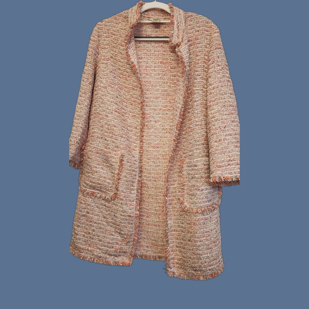 VINTAGE Neiman Marcus Jacket Womens Small Pink Orange Tweed Open Front Fringe Pockets