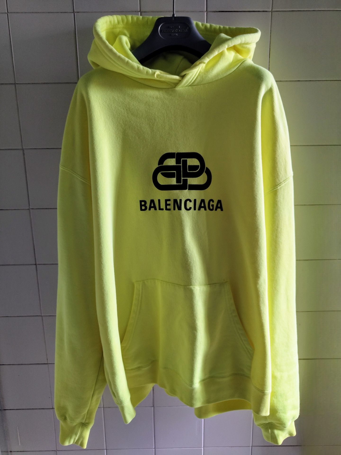 image of Balenciaga Logo Cotton Jersey Hoodie in Neon Yellow, Men's (Size Large)