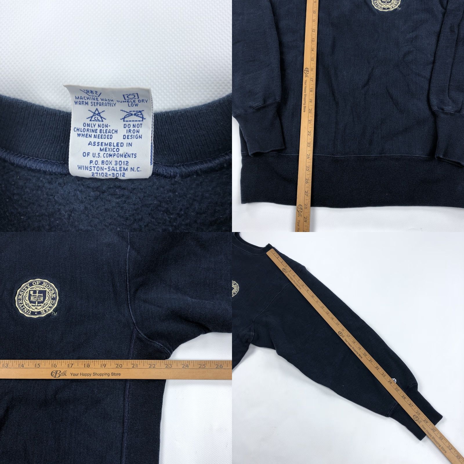 Champion VINTAGE Champion Reverse Weave Notre Dame Sweatshirt Men's L Crew Neck Navy Blue Embroidered Logo Text Patch Ribbed Cuffs Pockets Size US L / EU 52-54 / 3 - 8 Thumbnail
