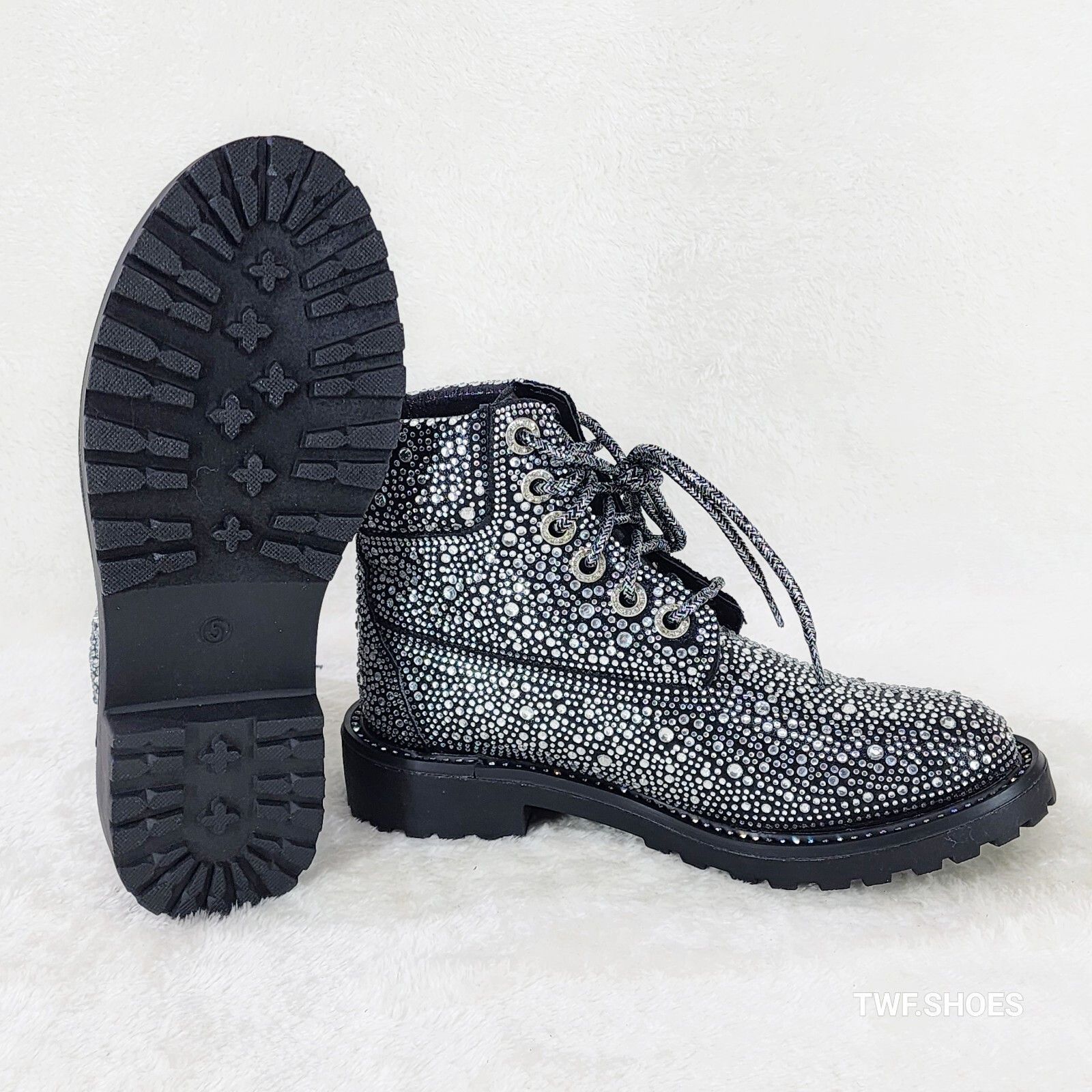 Other Wonder Sparkling Rhinestone Combat Ankle Boots Metallic Blac Size US 7 / IT 37 - 3 Thumbnail