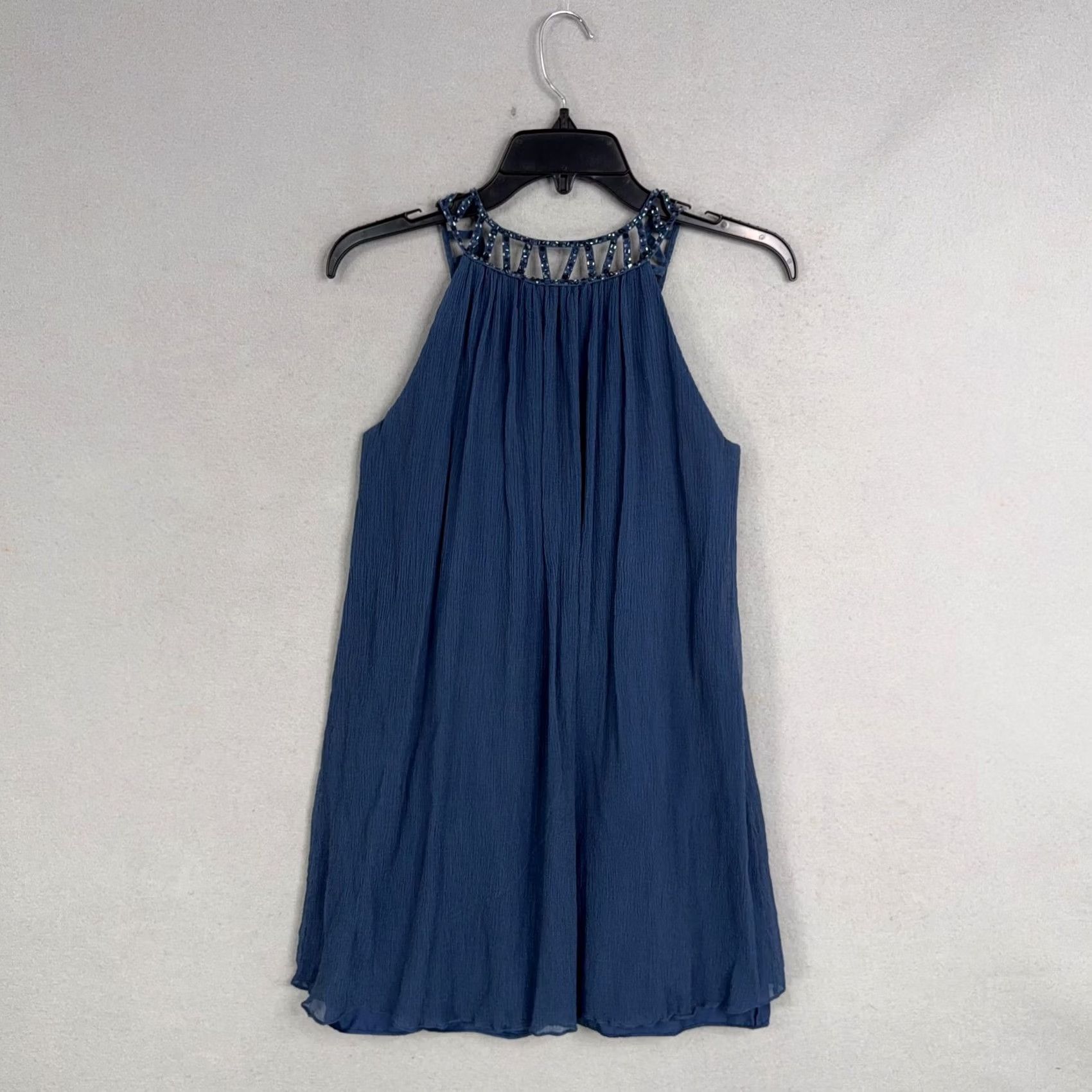 Bcbgmaxazria BCBGMAXAZRIA Dress Womens 2P Blue Beaded Halter Chiffon Swing Short Trapeze Y2K Ladies Petite Size 26" / US 2 / IT 38 - 5 Thumbnail