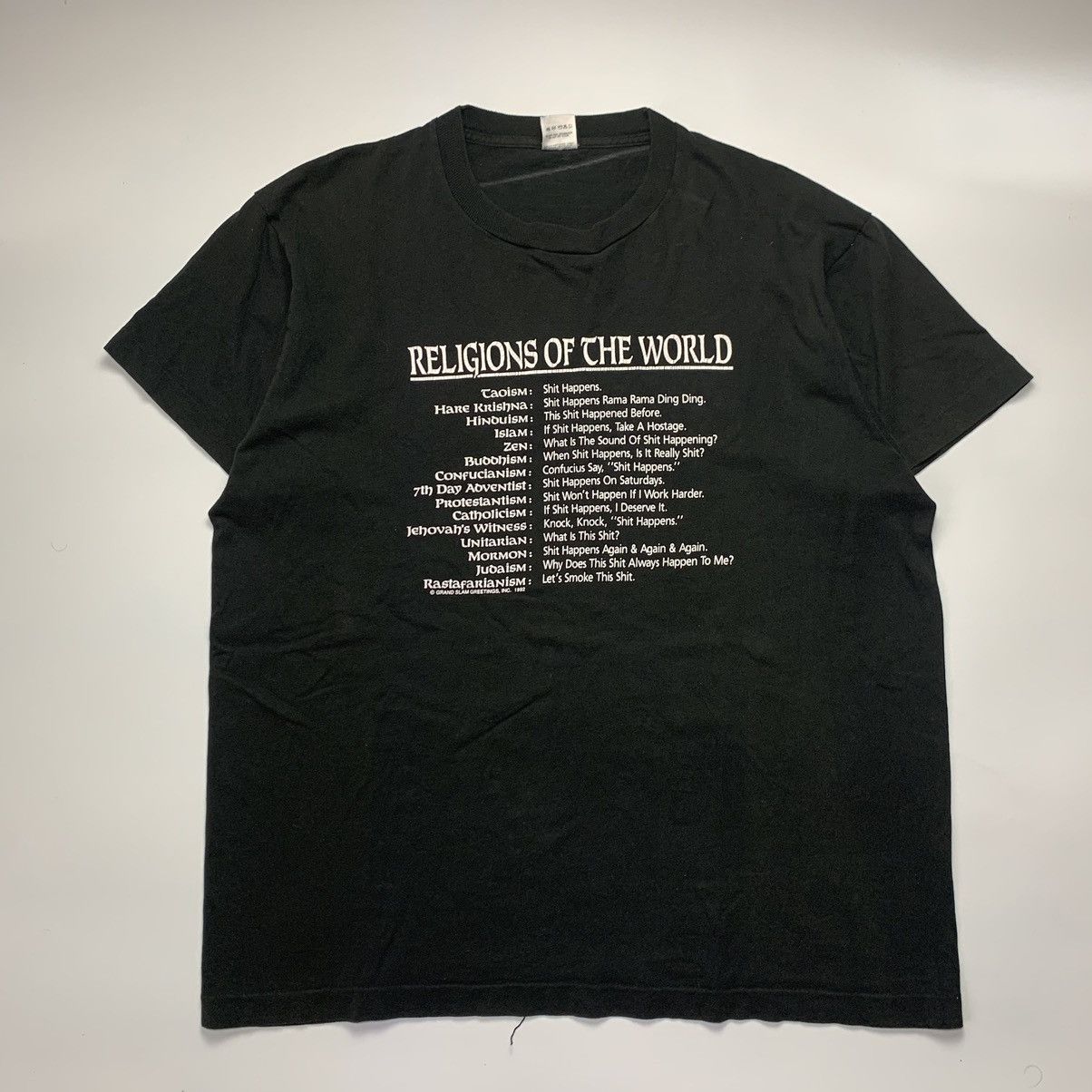 Vintage Religions of The World 1992 T-Shirt Sh*t Happens Joke Y2K Size US XL / EU 56 / 4 - 1 Thumbnail