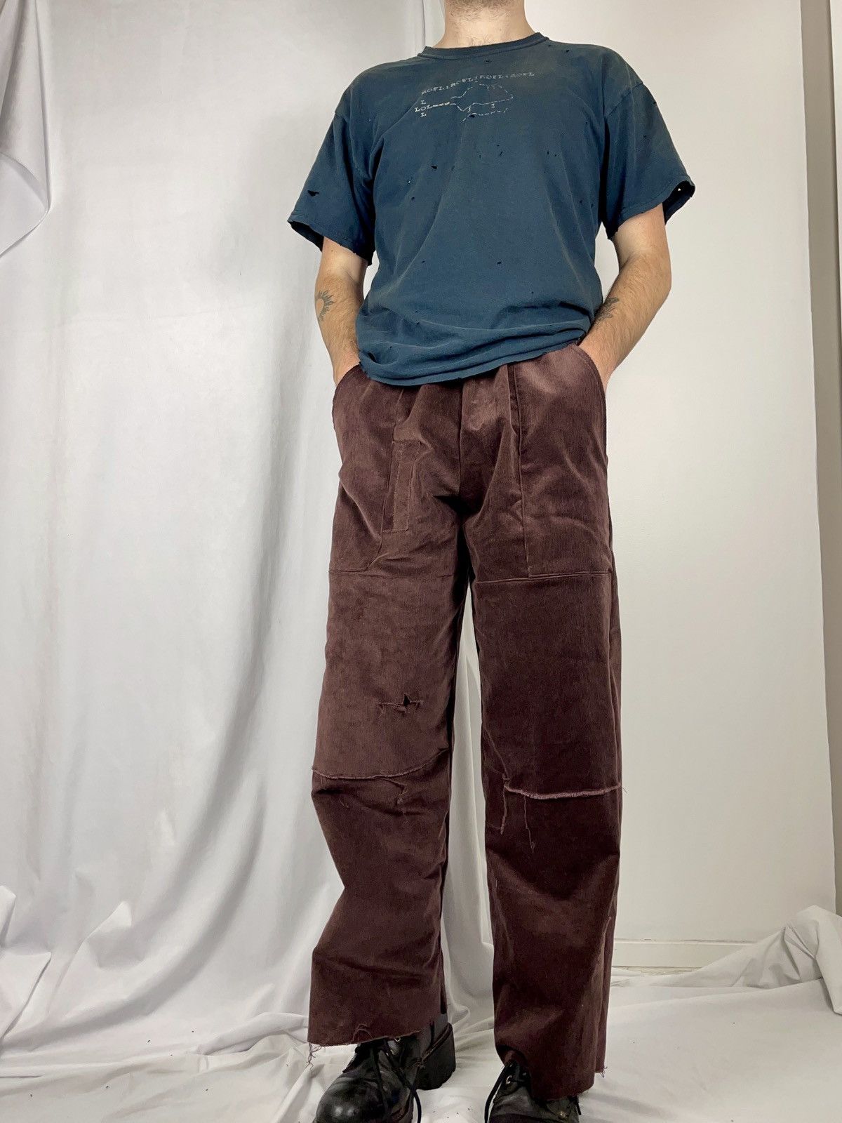 Chorley Maroon corduroy double knee distressed patchwork baggy pant Size US 34 / EU 50 - 1 Thumbnail