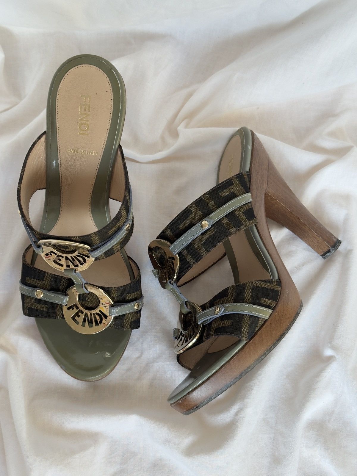 Fendi Fendi Tobacco Canvas Leather Trim Logo Wooden Mules Clogs Size US 7 / IT 37 - 2 Thumbnail