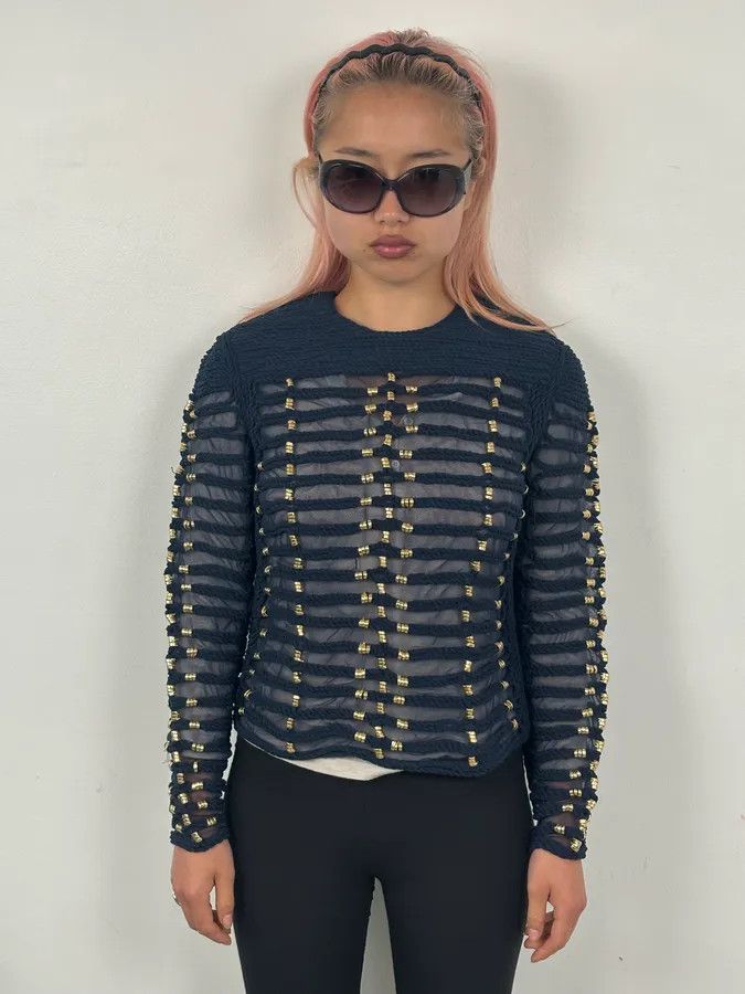 Balmain SS2015 Balmain x H&M Navy Gold-Beaded Blouse Size S / US 4 / IT 40 - 3 Thumbnail