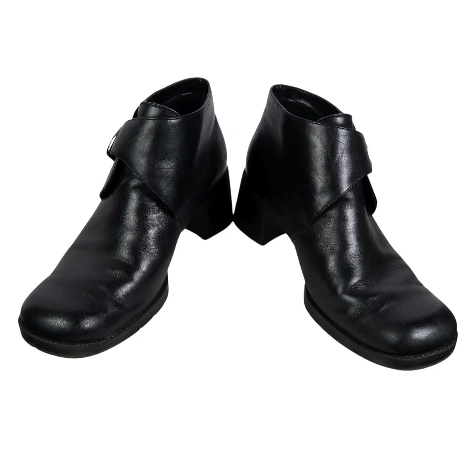 Vintage White Mountain Bootie Black Leather Chunky Heel 2" Buckle Ankle Boots 8 Womens 90s casual Size US 8 / IT 38 - 3 Thumbnail