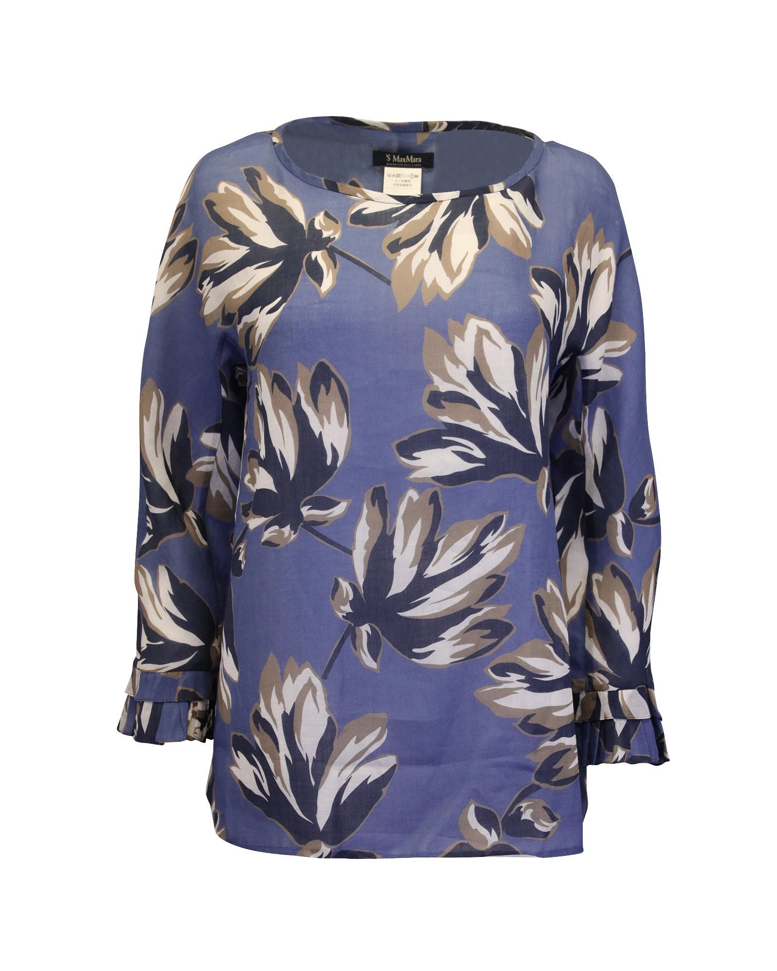 image of Max Mara Floral Print Ramie Blouse With Ruffle Sleeves in Blue Print, Women's (Size XL)