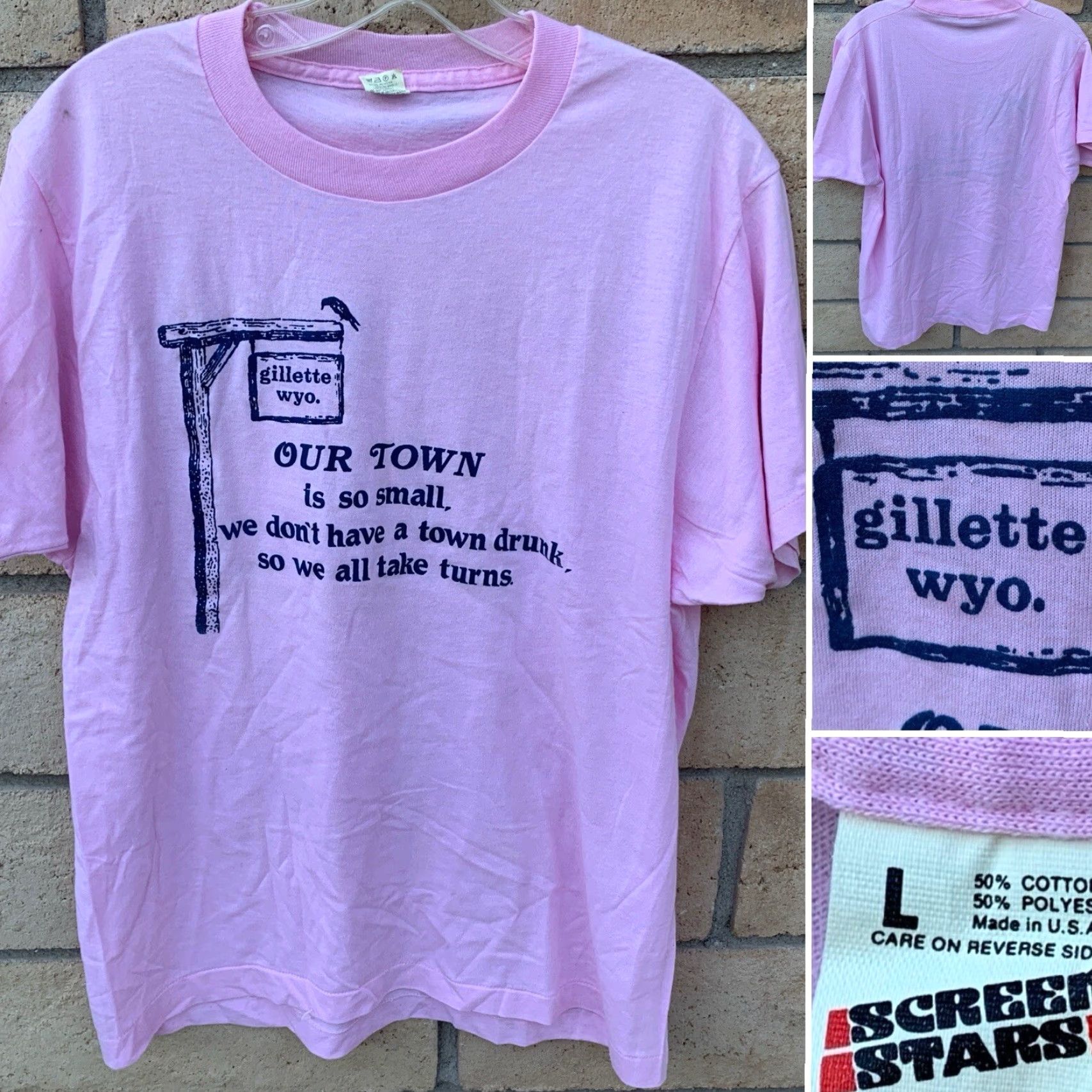 Vintage VINTAGE Screen Stars T-Shirt Mens L Pink 1980s Funny Our Town Is So Small We Dont Have A Town Drunk Graphic Print Cotton Blend Short Sleeve USA Size US L / EU 52-54 / 3 - 2 Thumbnail
