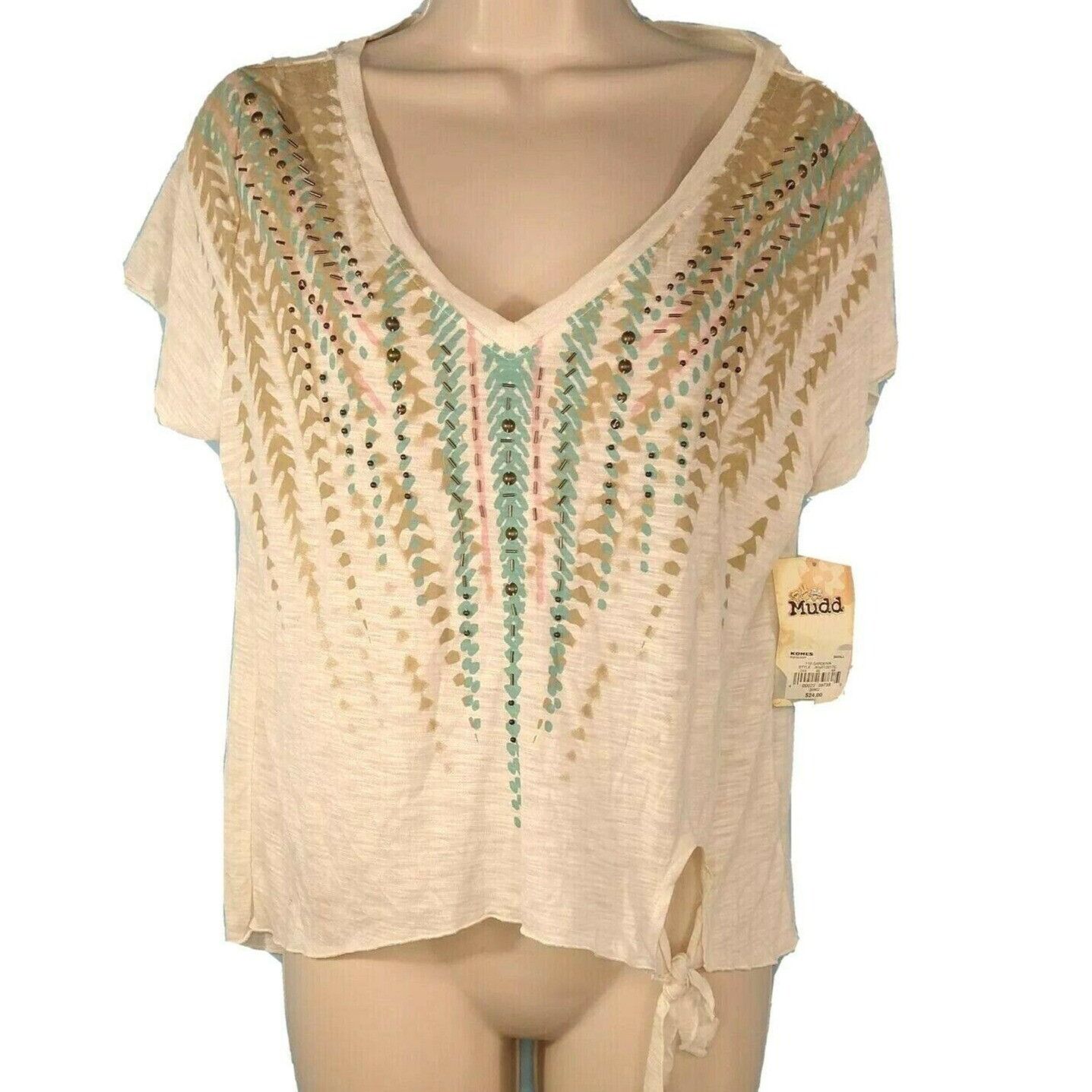 Other Mudd V-neck Top T-Shirt Beaded Women Size S Cream Multicolor Size S / US 4 / IT 40 - 1 Thumbnail