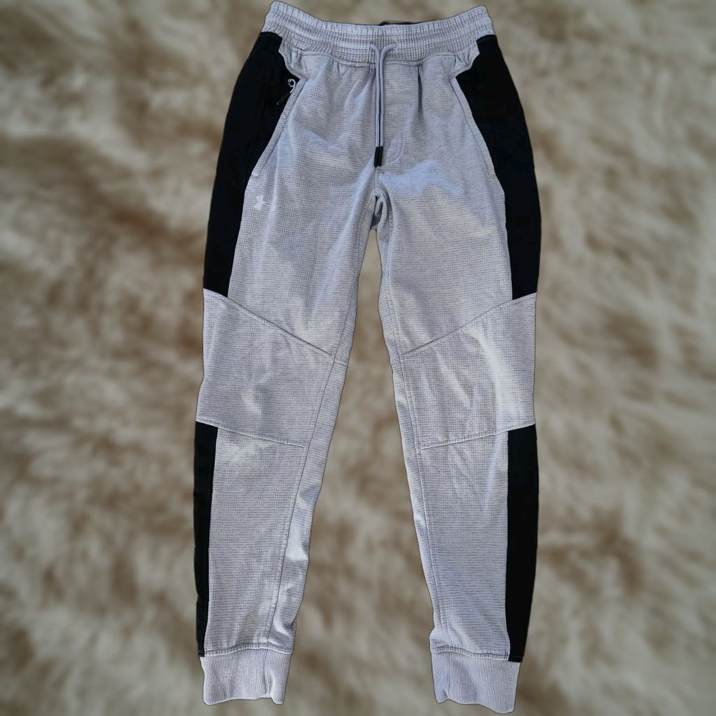 Under Armour Under Armour Pants Mens Small Fitted Sweat Joggers Waffle Knit Gray Black Athletic Tapered Inseam 28" Pockets Size US 29 - 1 Thumbnail