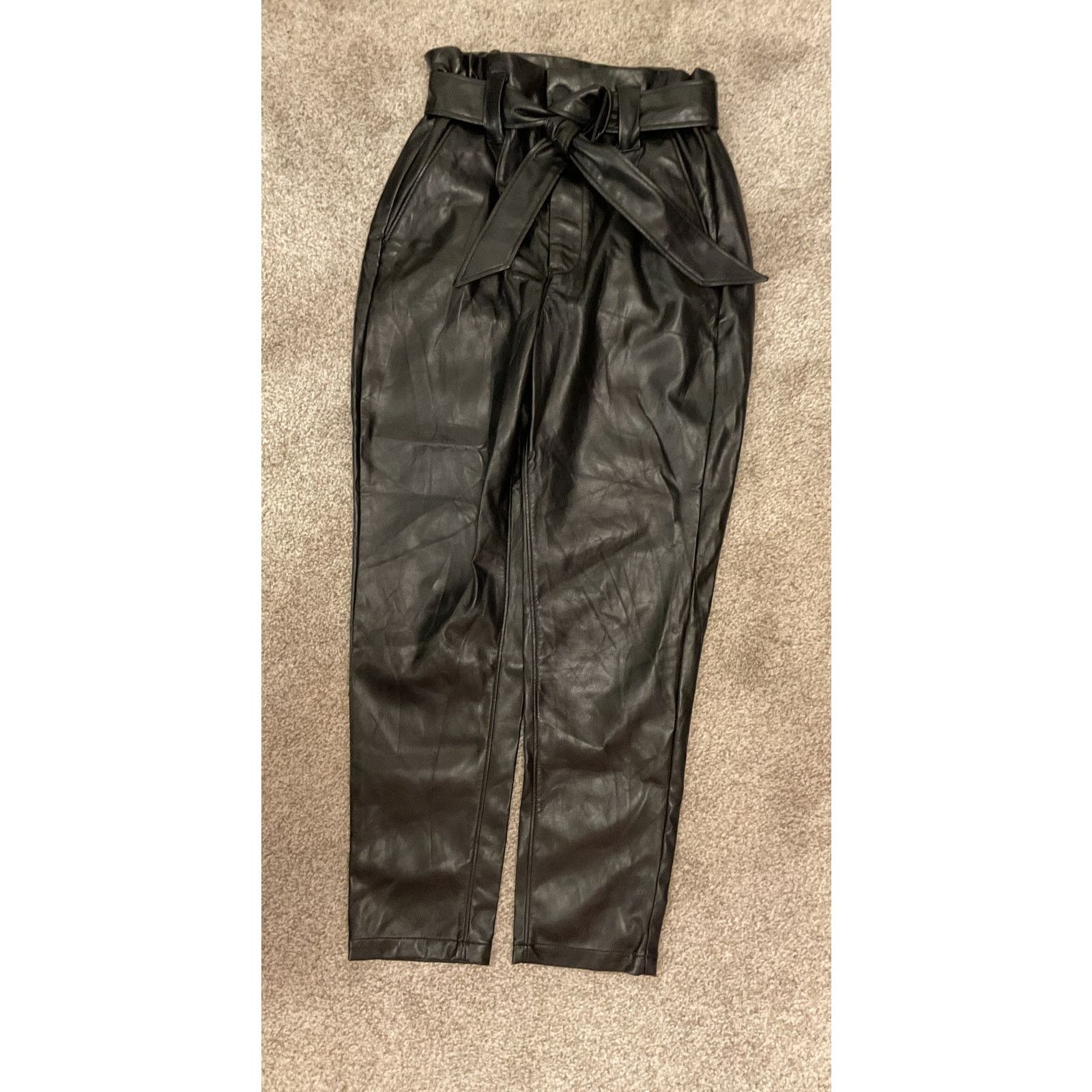 Express Express Black Faux Leather Ankle High Rise Paperbag Pants,4R Size 27" / US 4 / IT 40 - 4 Thumbnail