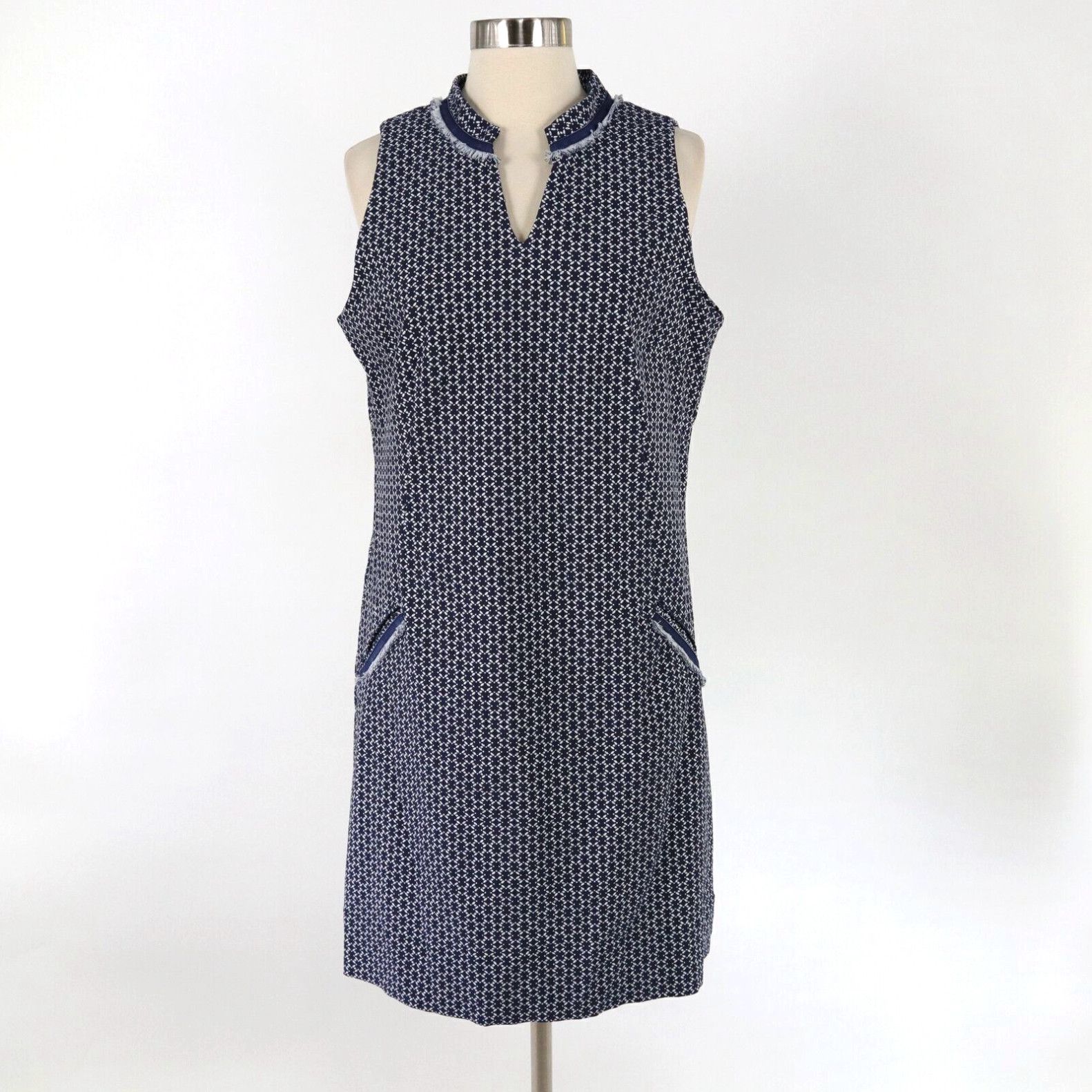 image of Sara Campbell Sheath Dress Womens 12 Blue White Fringe Sleeveless Nautical (Size XL)