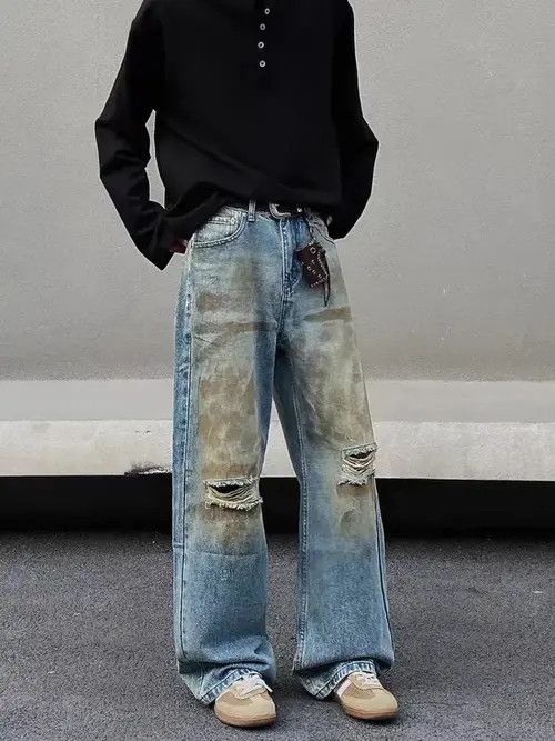 Jean Vintage dirty-dyed graffiti ripped baggy jeans Size US 34 / EU 50 - 5 Thumbnail