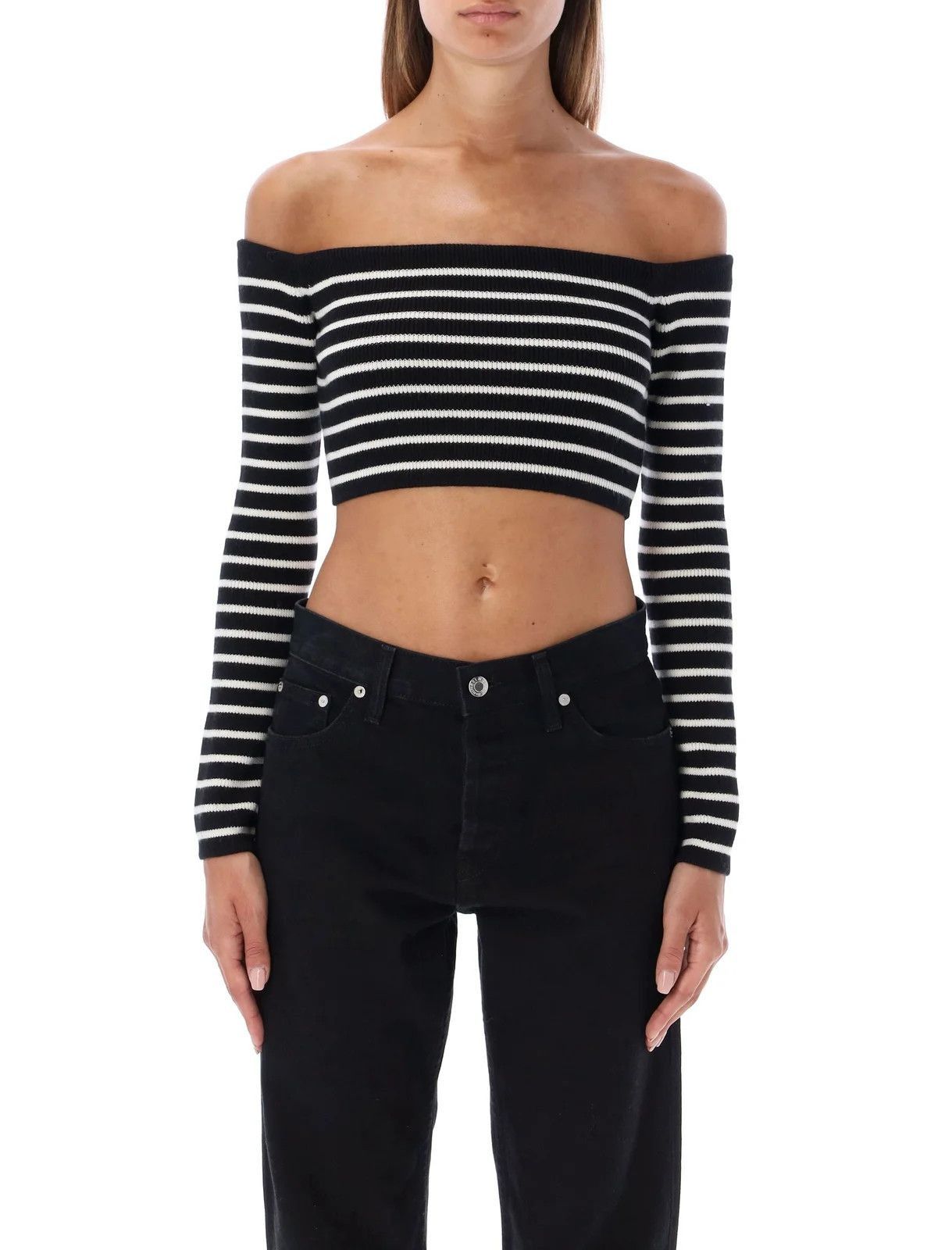 Saint Laurent Paris o1tp1o0125 Cropped Top In Stripe Wool in Black/White Size M / US 6-8 / IT 42-44 - 3 Thumbnail