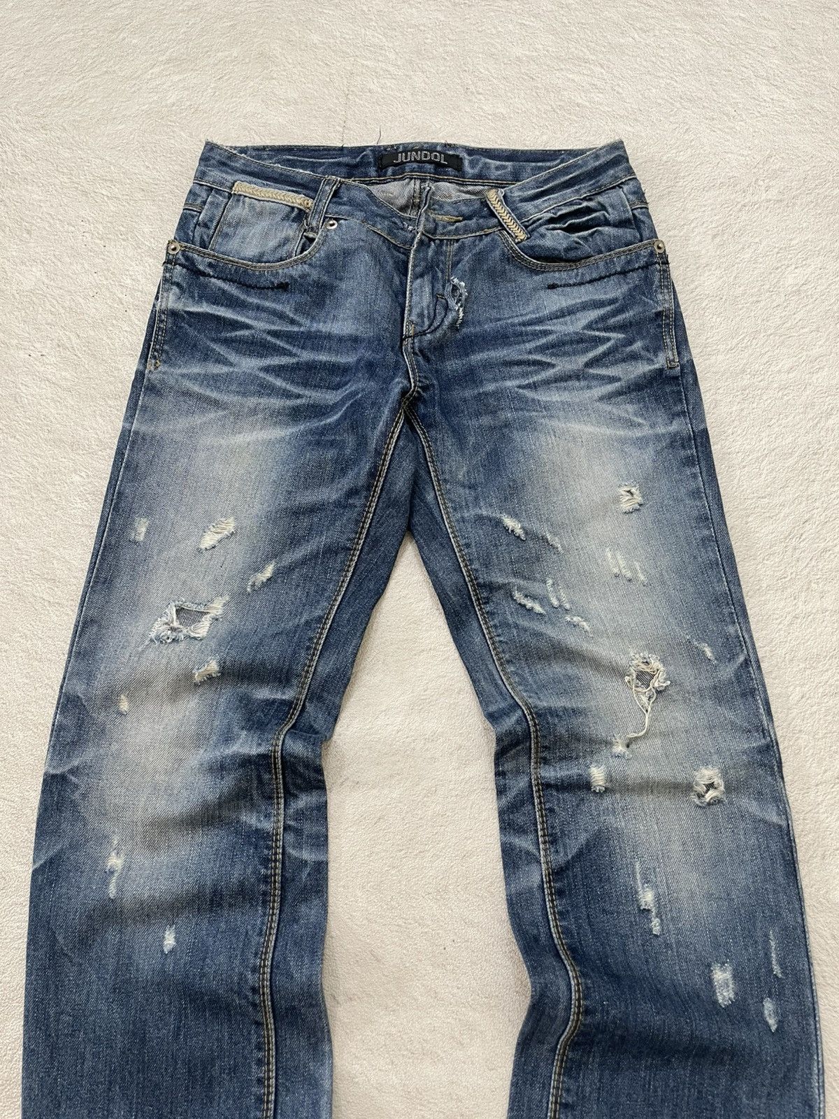 Japanese Brand 2000s Jundol raw Denim Heavy Distressed Midwash Hysteric Y2K Size US 27 - 2 Thumbnail