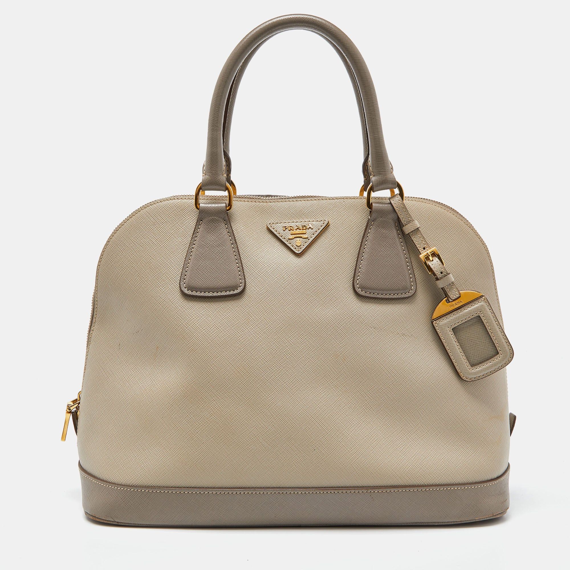 image of Prada Taupe Saffiano Lux Leather Medium Promenade Satchel in Grey, Women's