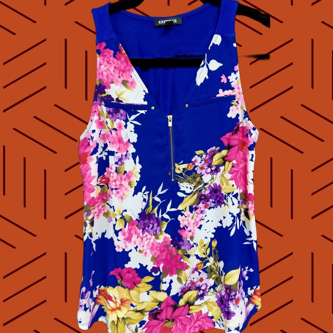 Express Express Floral Print Sleeveless Top XS Petite Blue - Lightweight, Zip, Blouse, Women's Shirt Size XS / US 0-2 / IT 36-38 - 1 Thumbnail