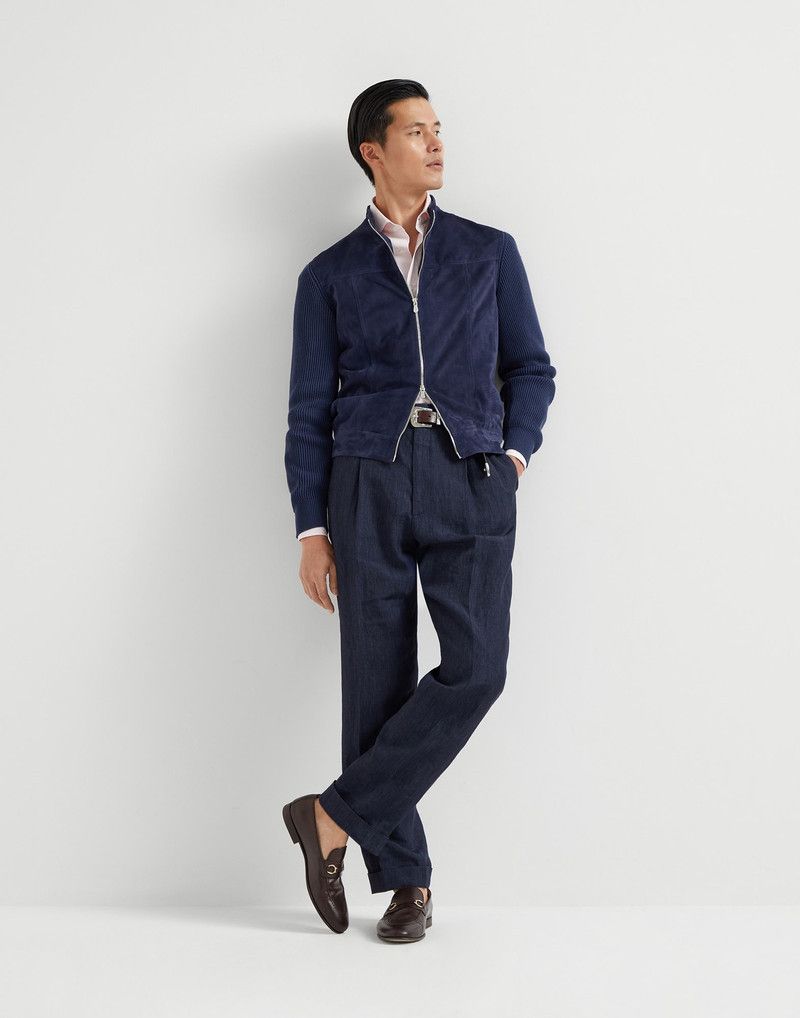 Brunello Cucinelli o1la1rc1a0326 Suede Bomber Jacket in Blue Size US XL / EU 56 / 4 - 5 Thumbnail