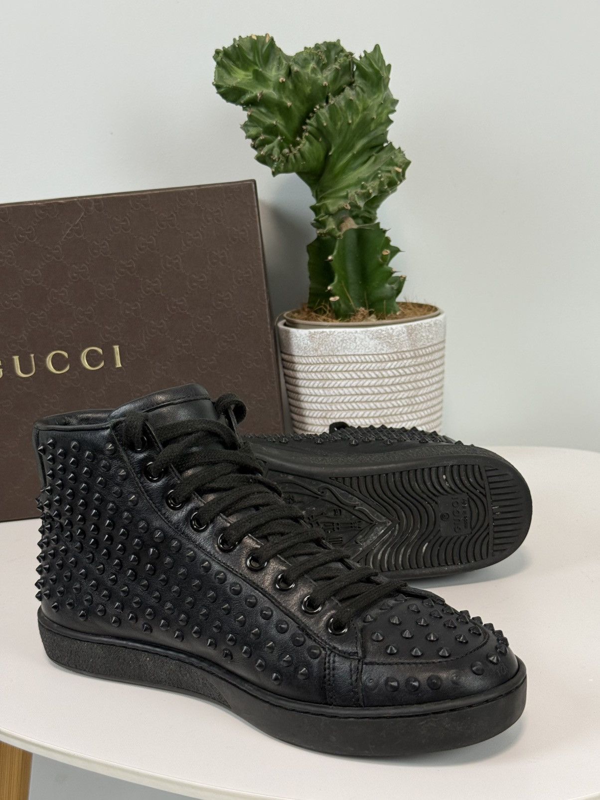 Gucci Gucci Black Leather Studded High-Top Sneakers Size US 7 / IT 37 - 5 Thumbnail