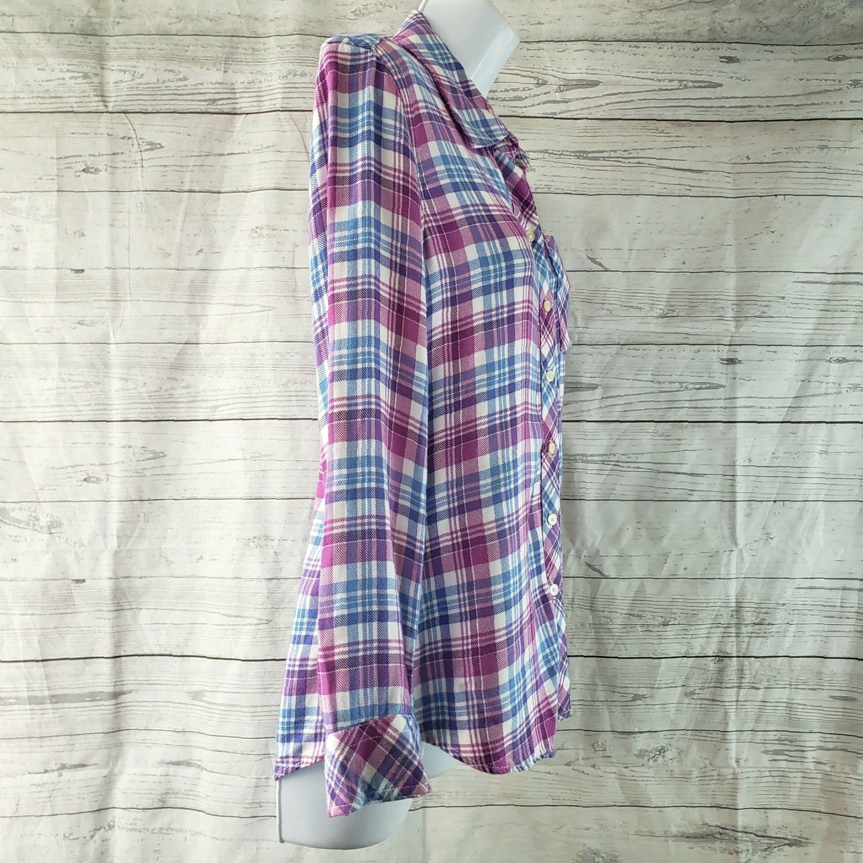 Gap Gap Shirt Women's Button Front PXS Plaid Purple Blue Long Sleeve Rayon Size Type: Petites, Gap Purple Plaid Button-Up Shirt Womens Size XS / US 0-2 / IT 36-38 - 3 Thumbnail