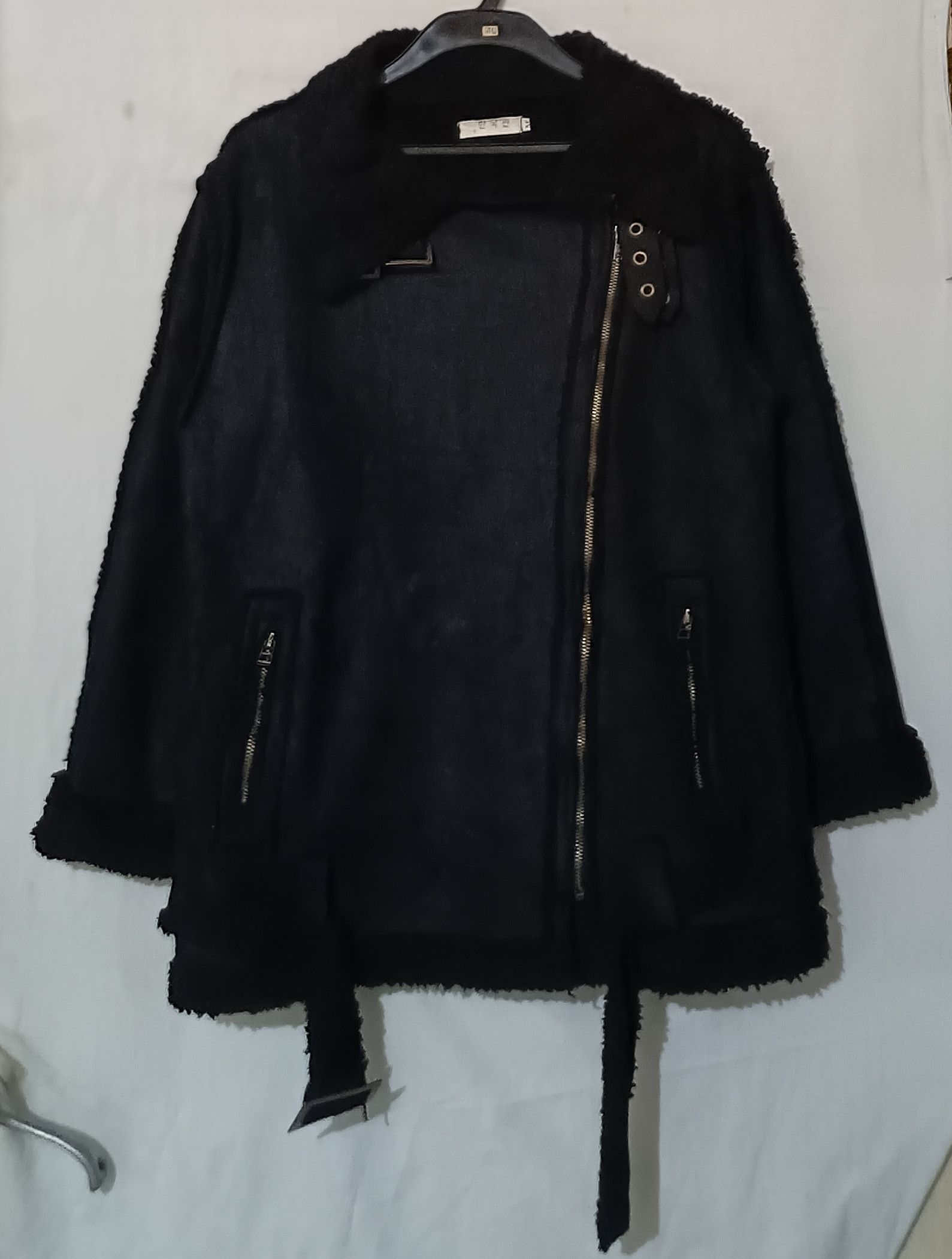 Pre-owned 14th Addiction Faux Fur Asymmetrical Shearling Bikes Jacket In Black