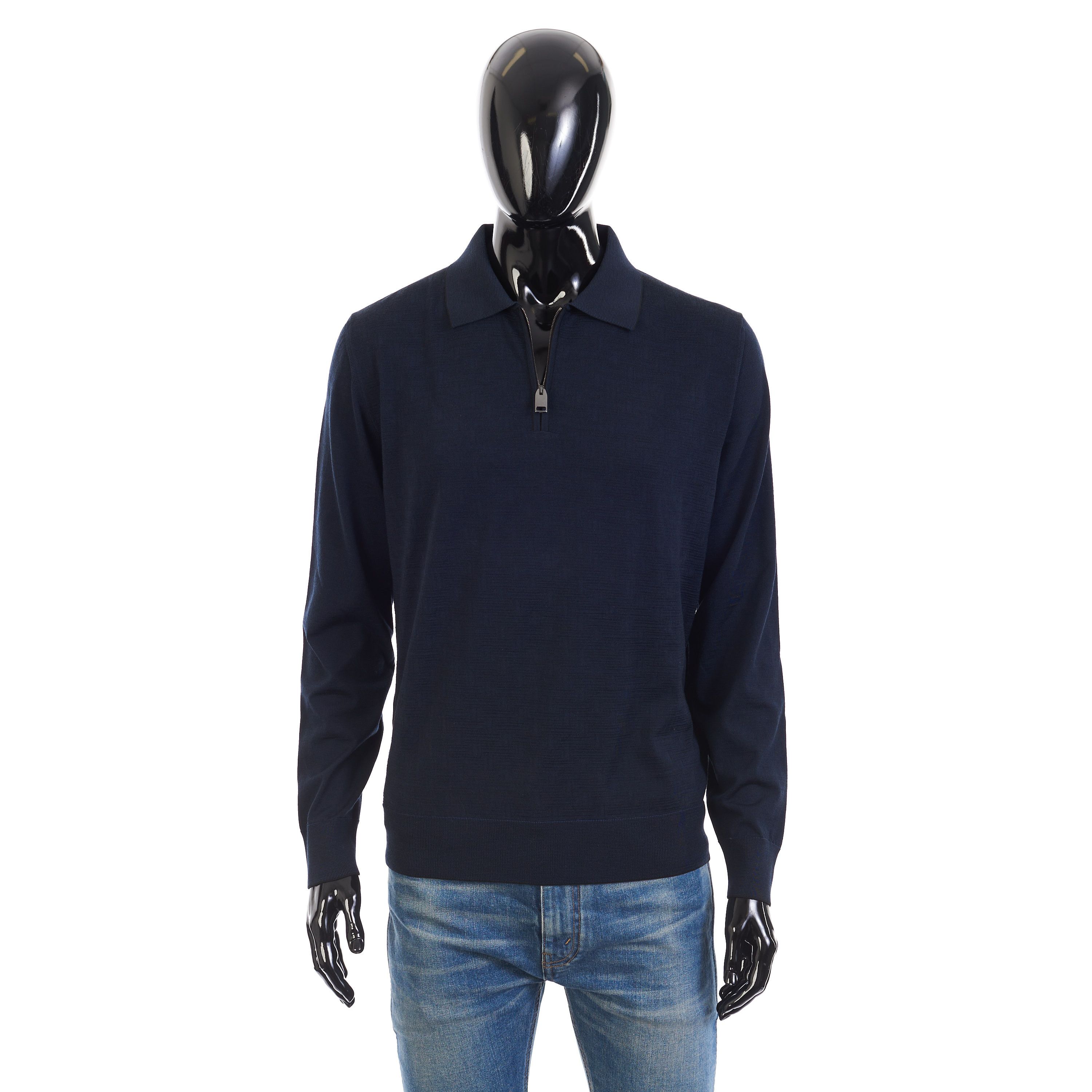 Brioni Polo Sweater With Metal Zip In Blue Wool Size US M / EU 48-50 / 2 - 2 Thumbnail