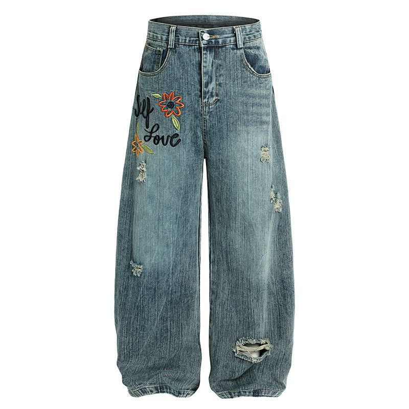 Vintage Men's Washed Embroidered Distressed Curved-Leg Jeans Size US 32 / EU 48 - 1 Thumbnail