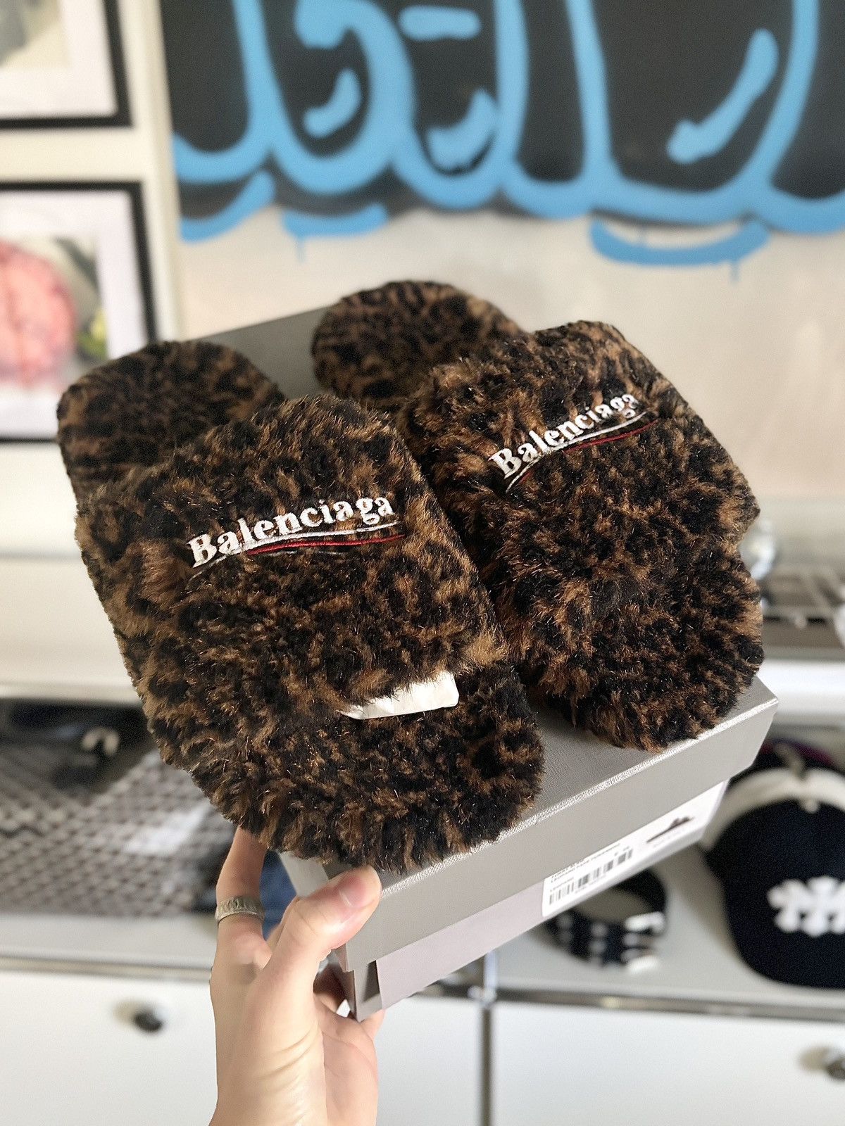 Balenciaga BALENCIAGA LEOPARD FURRY SLIDE LOGO | Grailed