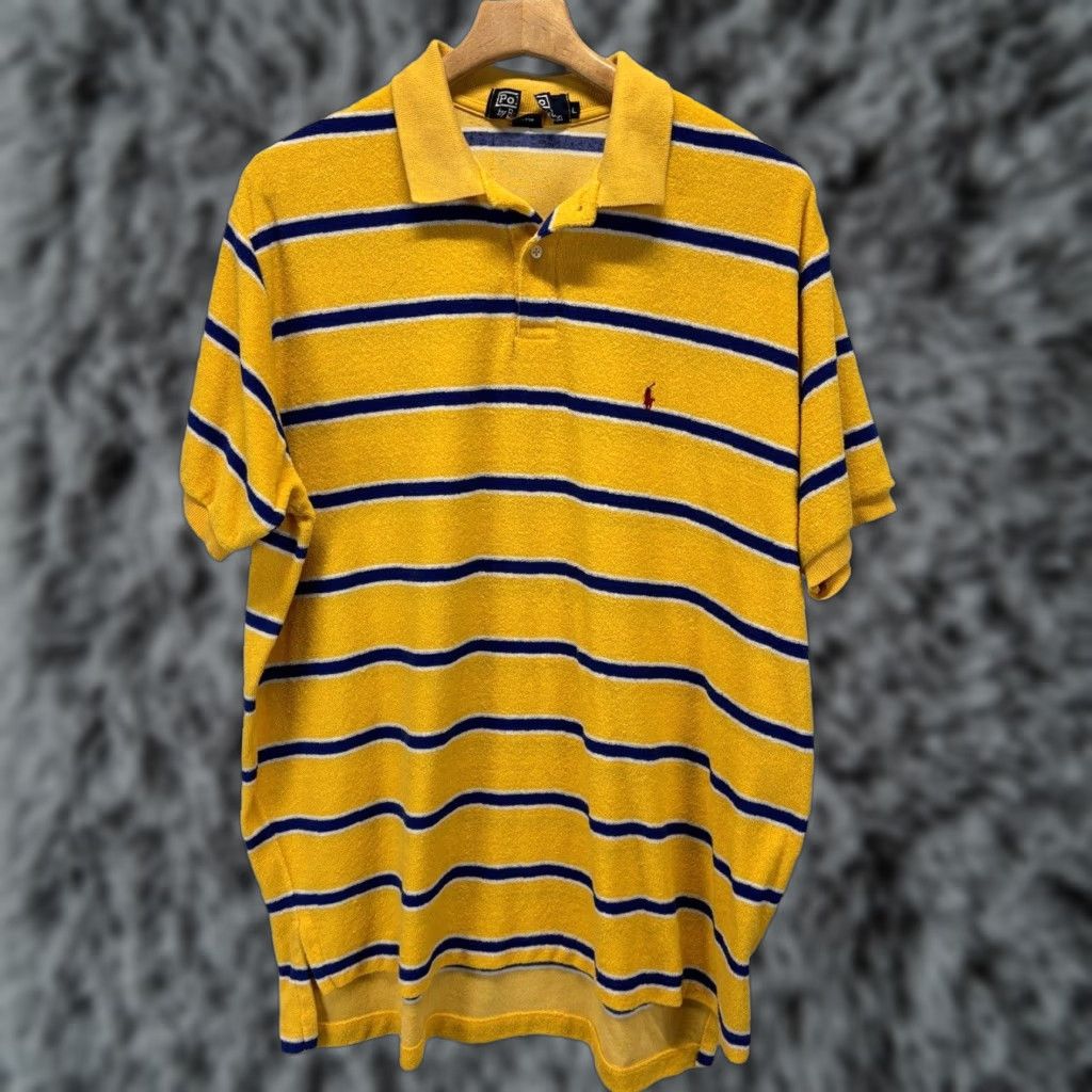 Ralph Lauren VINTAGE Polo Ralph Lauren Polo Shirt Men Striped French Terry Size L Yellow/Blue 52" Chest USA Made Polo Shirt Mens Size US L / EU 52-54 / 3 - 1 Thumbnail