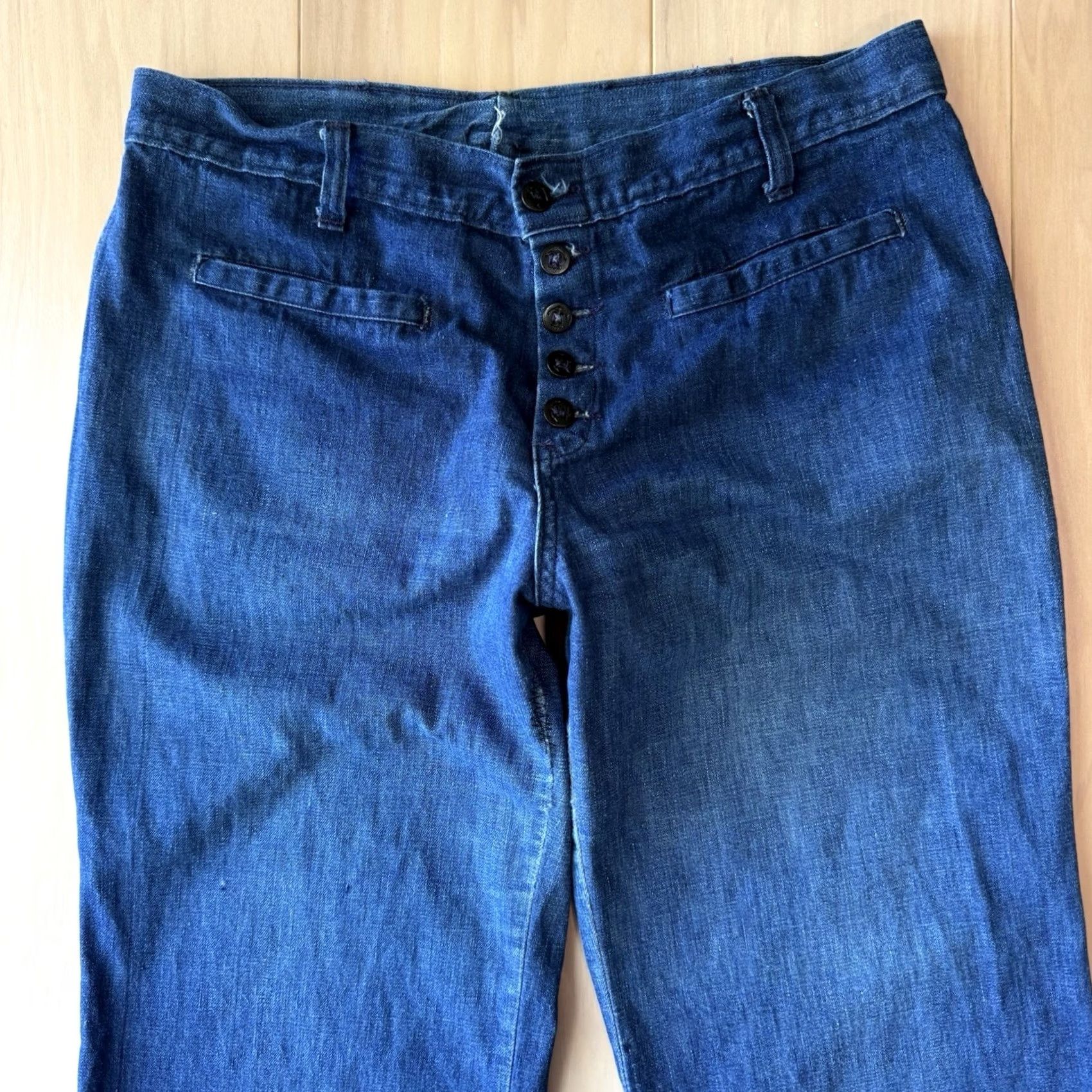 Vintage VINTAGE Navy Flare Pants 31 Blue Dark Wash 70s Military Seafarer Button Fly USA Size 24" / US 00 / IT 34 - 3 Thumbnail