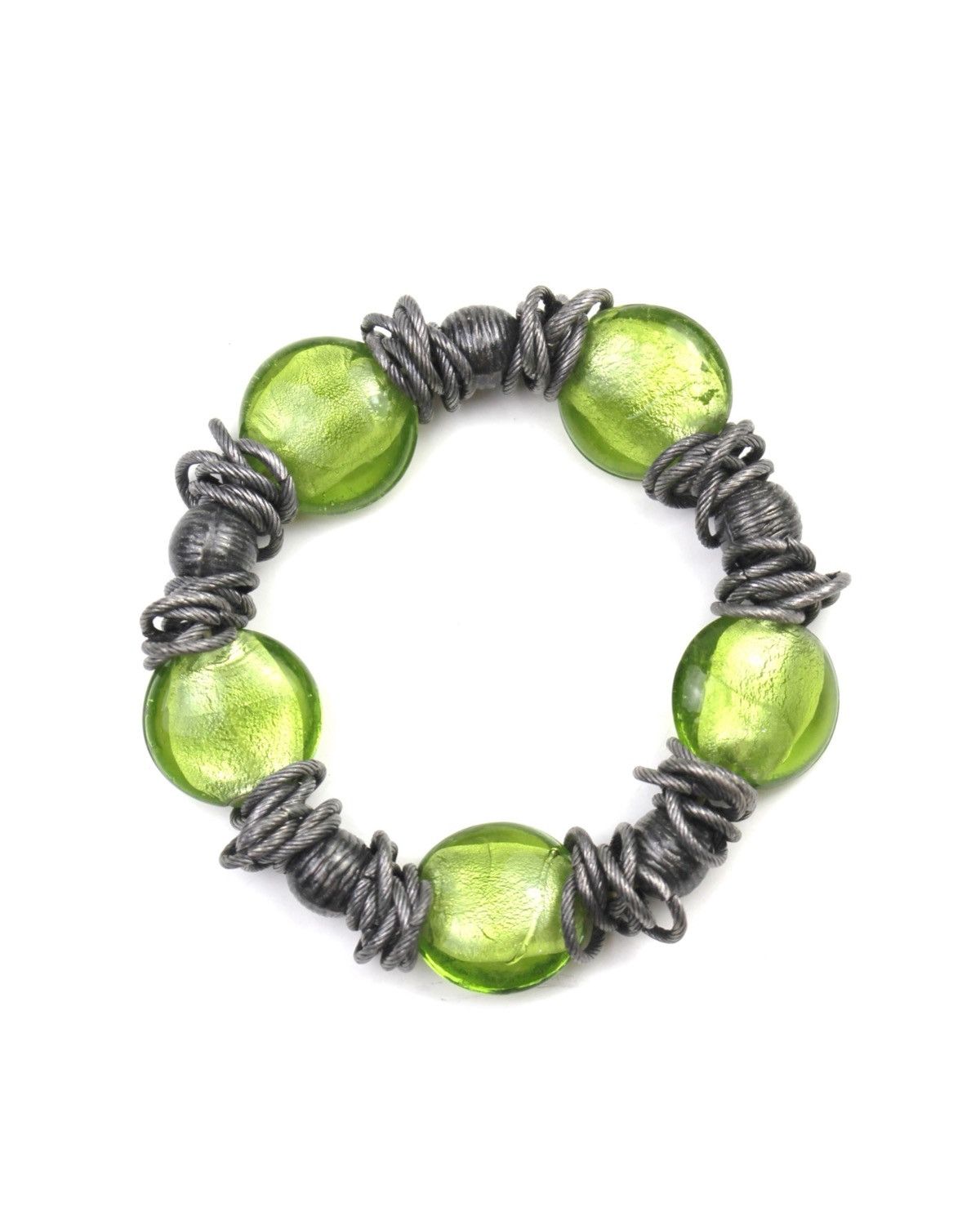 Vintage 2000S JAPANESE MADE GREEN GLASS BEAD & METAL COIL BRACELET Size ONE SIZE - 1 Thumbnail