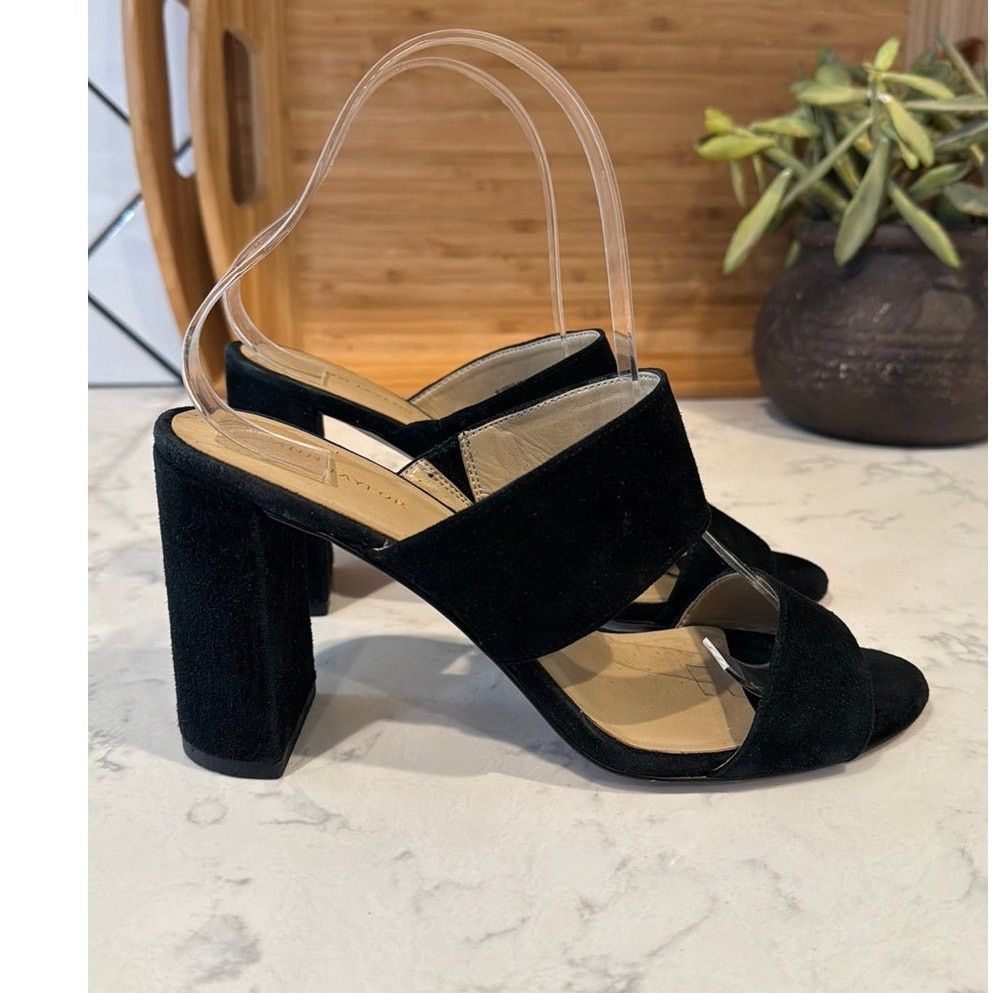 Ann Taylor Ann Taylor black suede double broad strap block slide heels Size US 7 / IT 37 - 1 Thumbnail