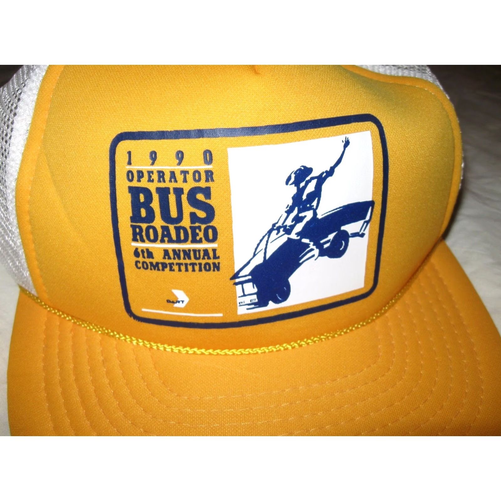 Vintage VINTAGE Hat Cap Mens One Size 1990 Bus Operator Roadeo Snapback Players Polyester Yellow/White Trucker Slim Buttoned? Size ONE SIZE - 2 Thumbnail