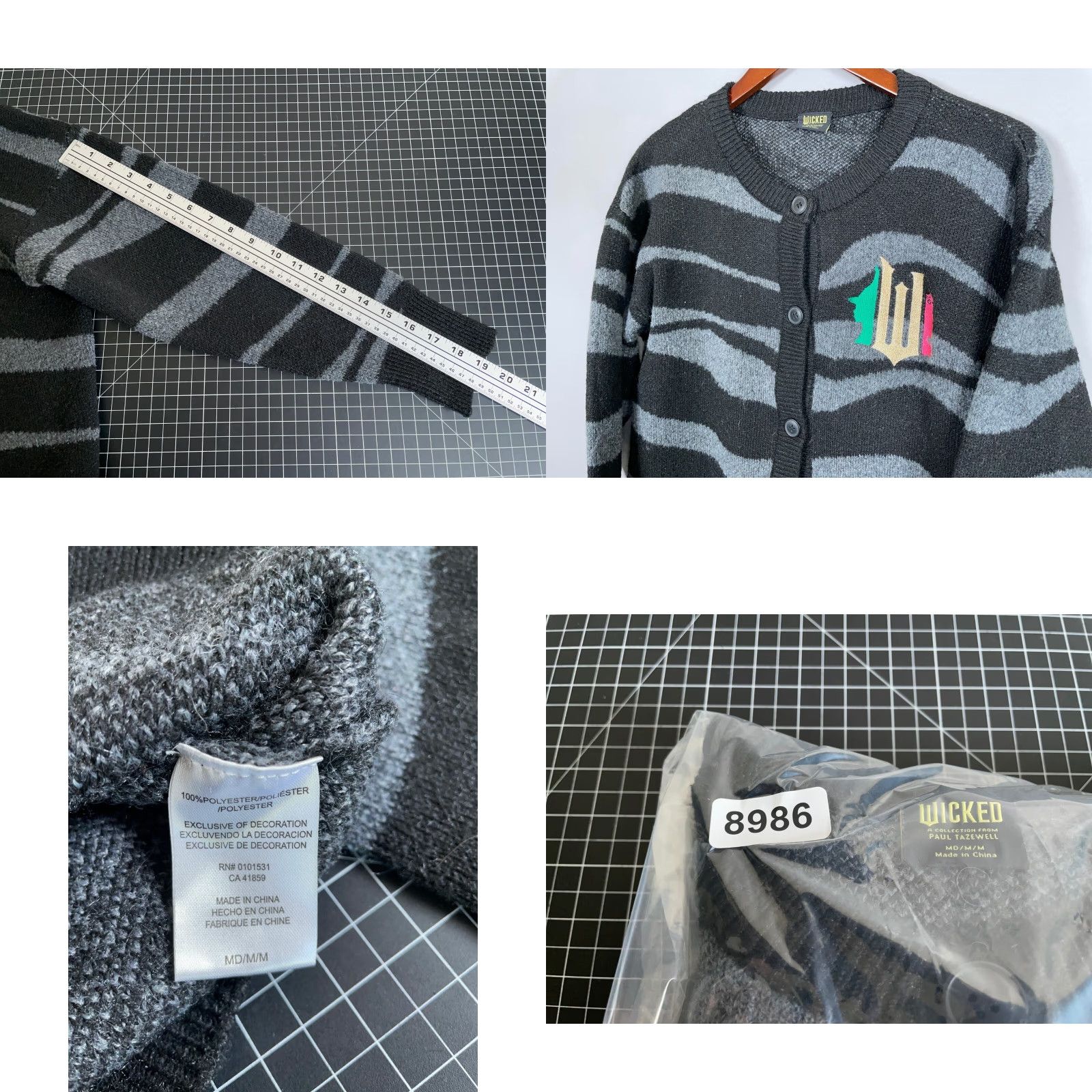 Vintage Wicked Cardigan Zebra Pattern Women's Medium Gray Black V-Neck Long Sleeve Knit Sweater Size M / US 6-8 / IT 42-44 - 8 Thumbnail
