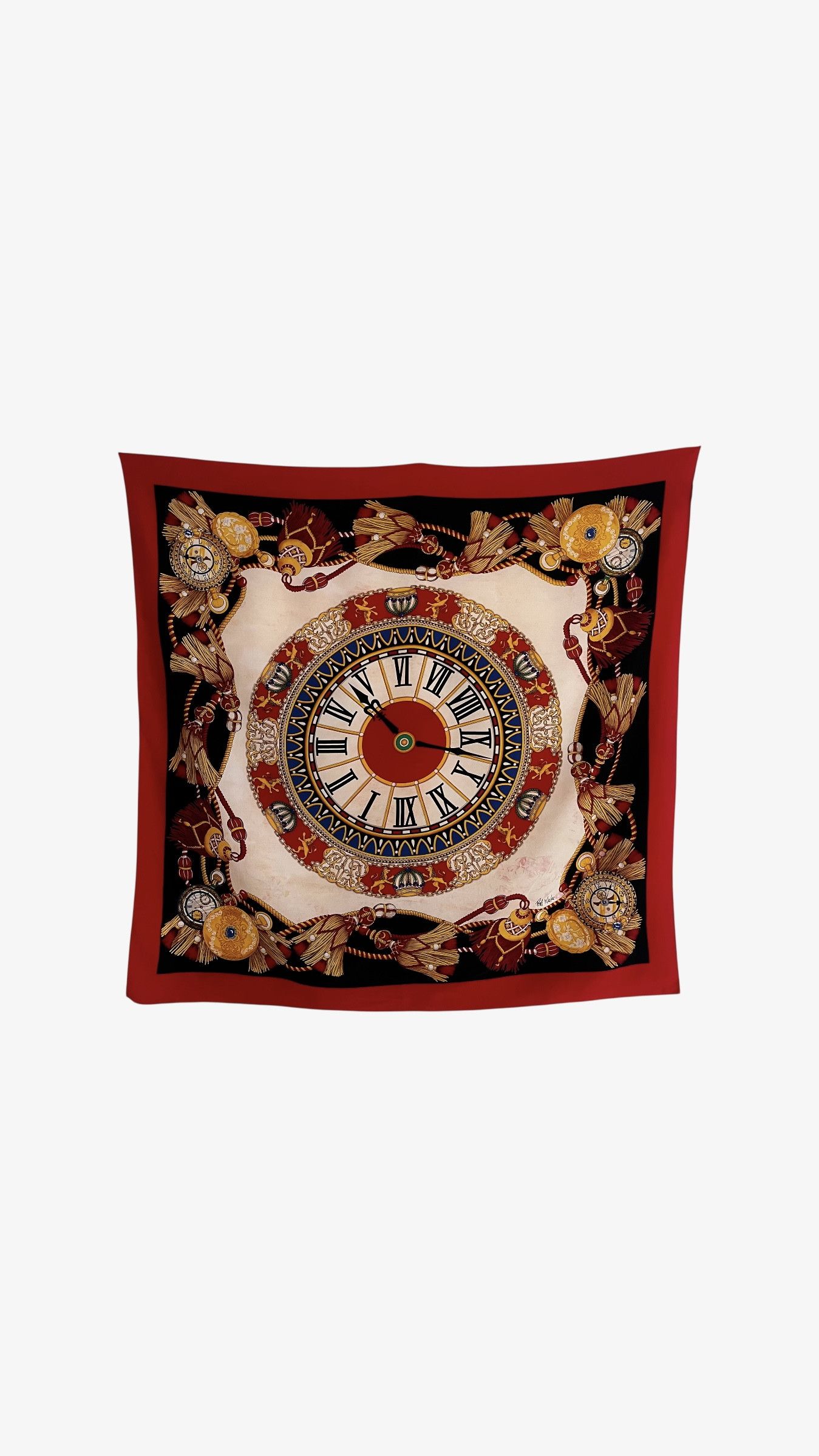 Bob Mackie Vintage 90s Bob Mackie Clock Print Red Silk Scarf Size ONE SIZE - 1 Thumbnail