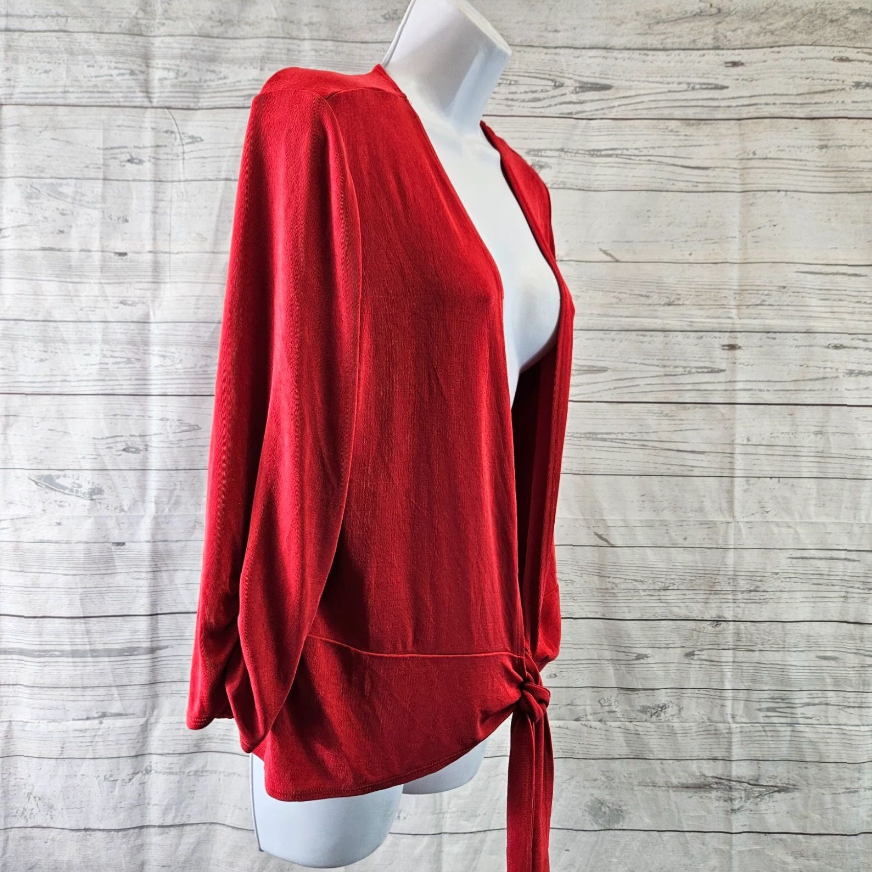 Vintage Chico's Travelers Cardigan Women Medium Solid Red 3/4 Sleeve Tie Front Satin Acetate Knit Sweater Mens? Size M / US 6-8 / IT 42-44 - 3 Thumbnail