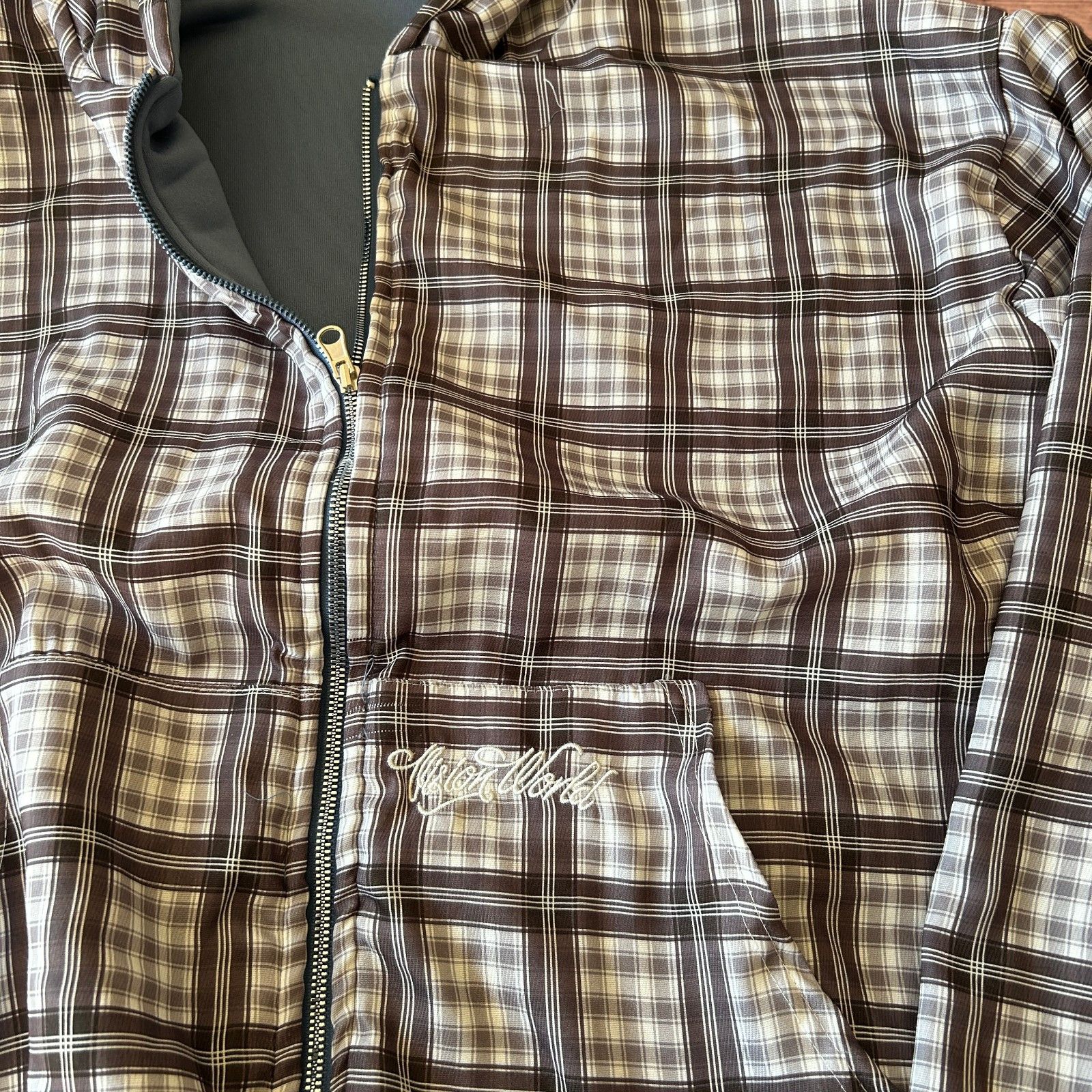 Japanese Brand Oversized baggy reversible zip up hoodie in checkered navy. Size US M / EU 48-50 / 2 - 4 Thumbnail