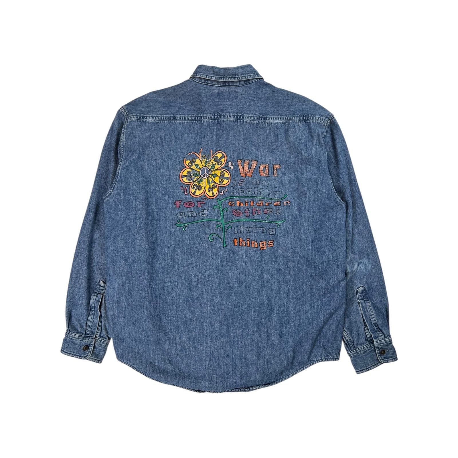 L.L. Bean × Vintage Vintage 90s War is not healthy for children... denim shirt Size US L / EU 52-54 / 3 - 1 Thumbnail