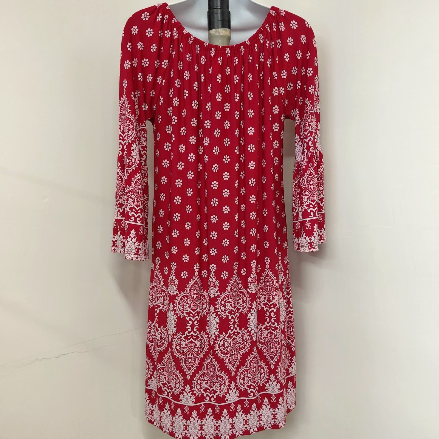 Bell R Rouge Dress Womens Medium Red/White Bohemian Printed Long Bell Sleeve Mini Dress Size M / US 6-8 / IT 42-44 - 5 Thumbnail