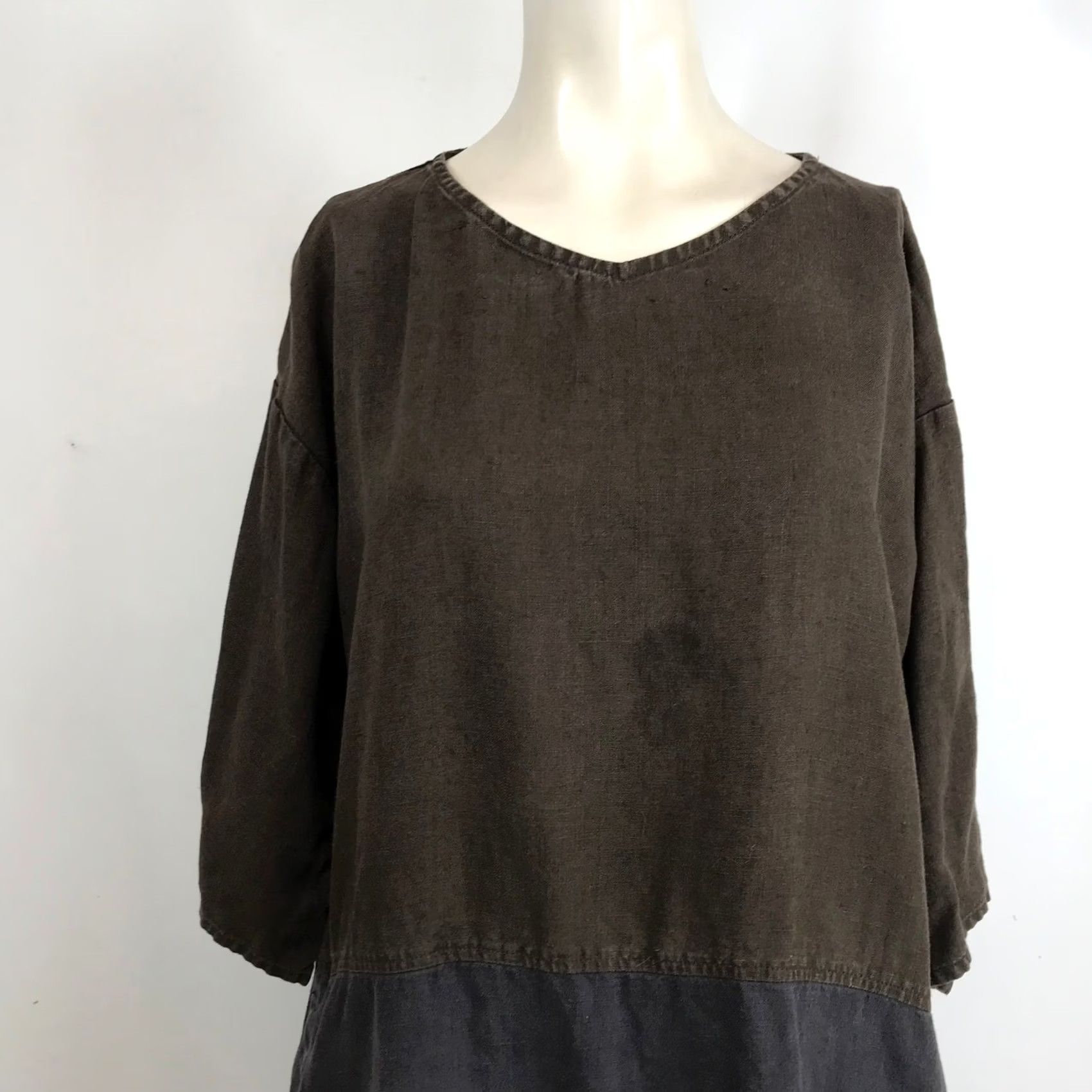 Vintage fog linen work Linen Dress Midi Casual V-Neck Brown 3/4 Sleeve Women Size ONE SIZE - 2 Thumbnail