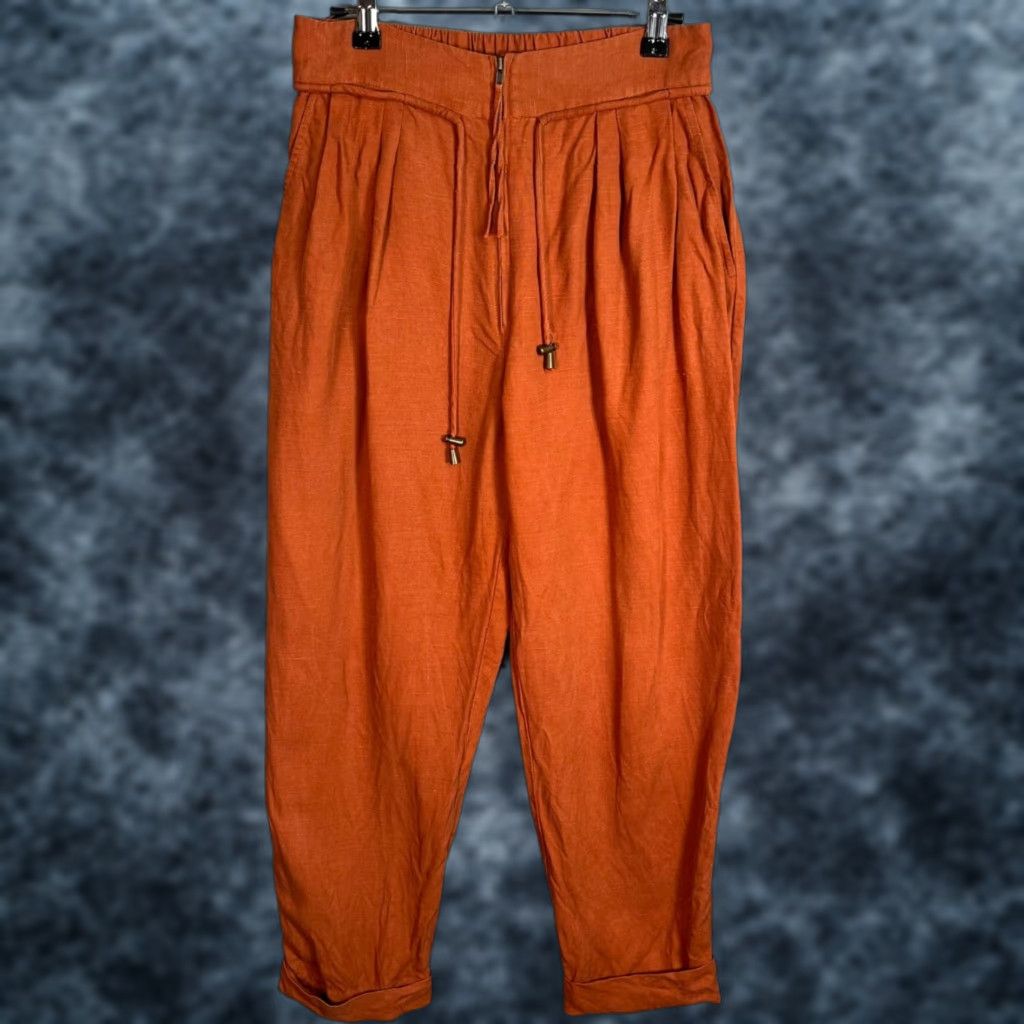 Apiece Apart Rust Orange Tapered Pants Size 4 Linen Blend Pleated Drawstring