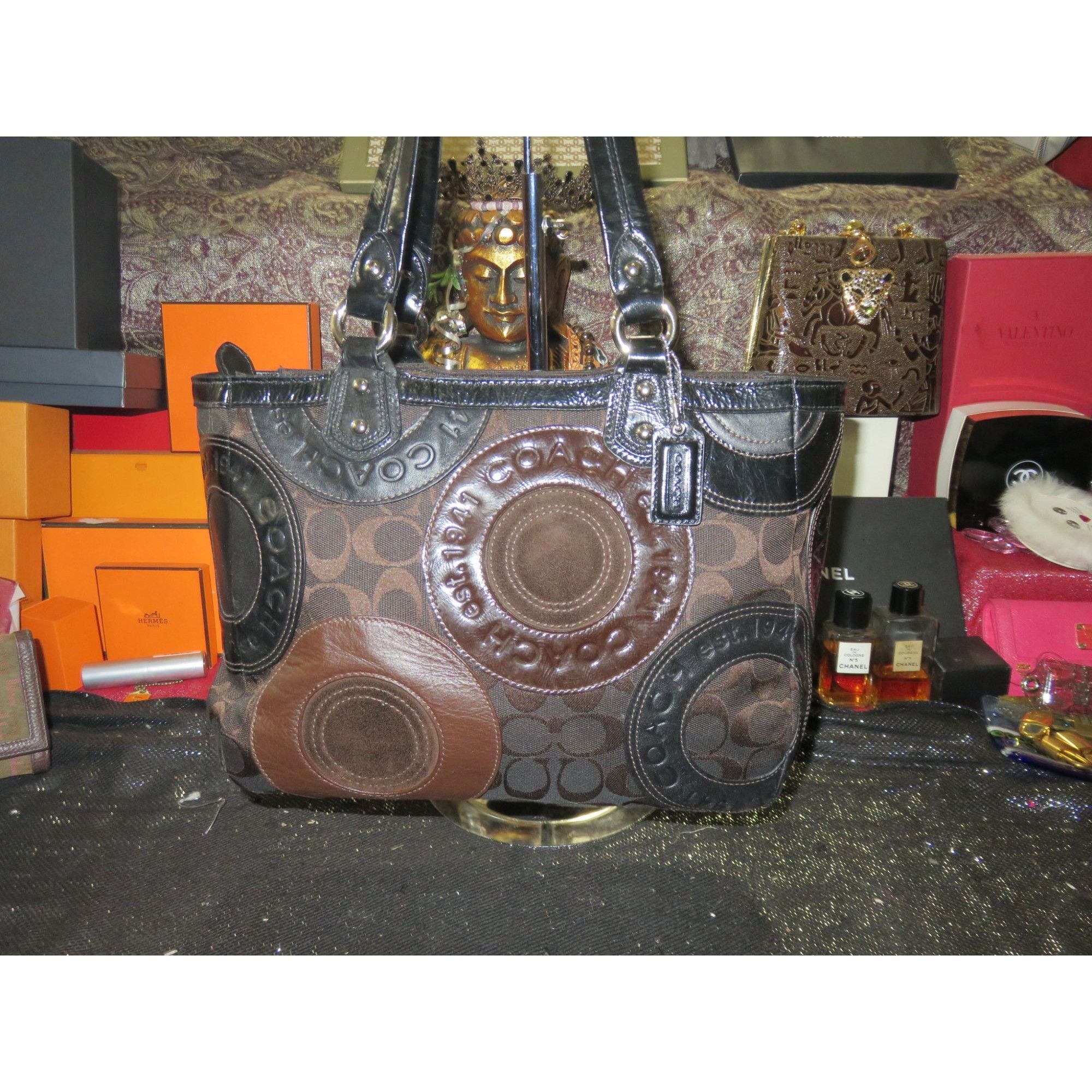 image of Coach Circle Mosaic Patchwork East West Tote F15466 Browns P in Chocolate/Black, Women's