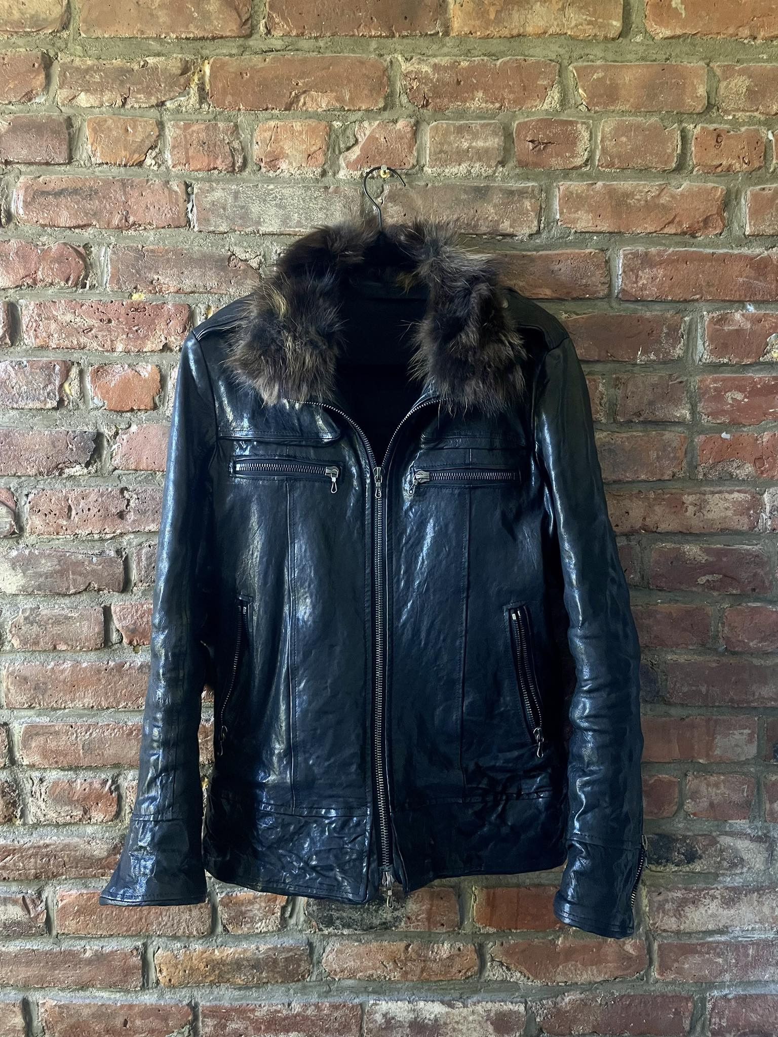 image of Shellac Fur Collar Leather Jacket in Black, Men's (Size Small)