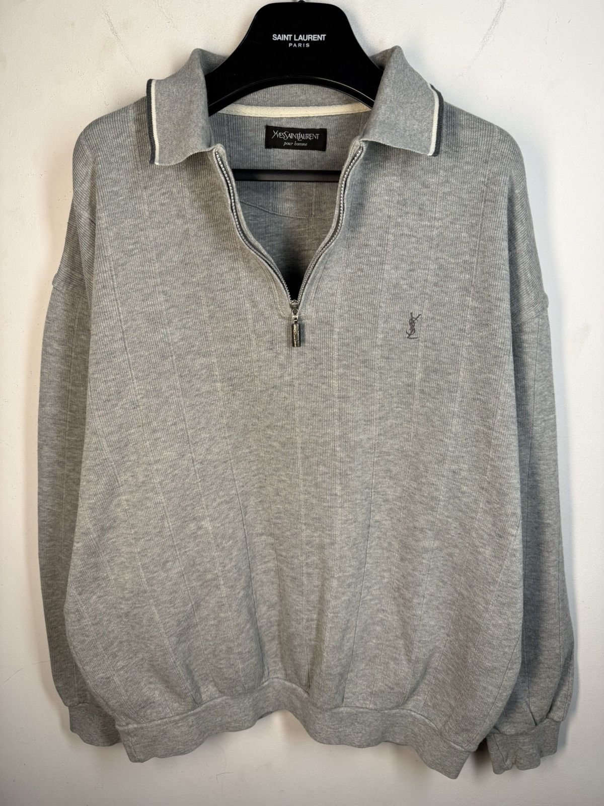 Yves Saint Laurent 90s YSL Sweatshirt 1/4 Quarter Zip Grey Vintage Sweater Size US L / EU 52-54 / 3 - 4 Thumbnail