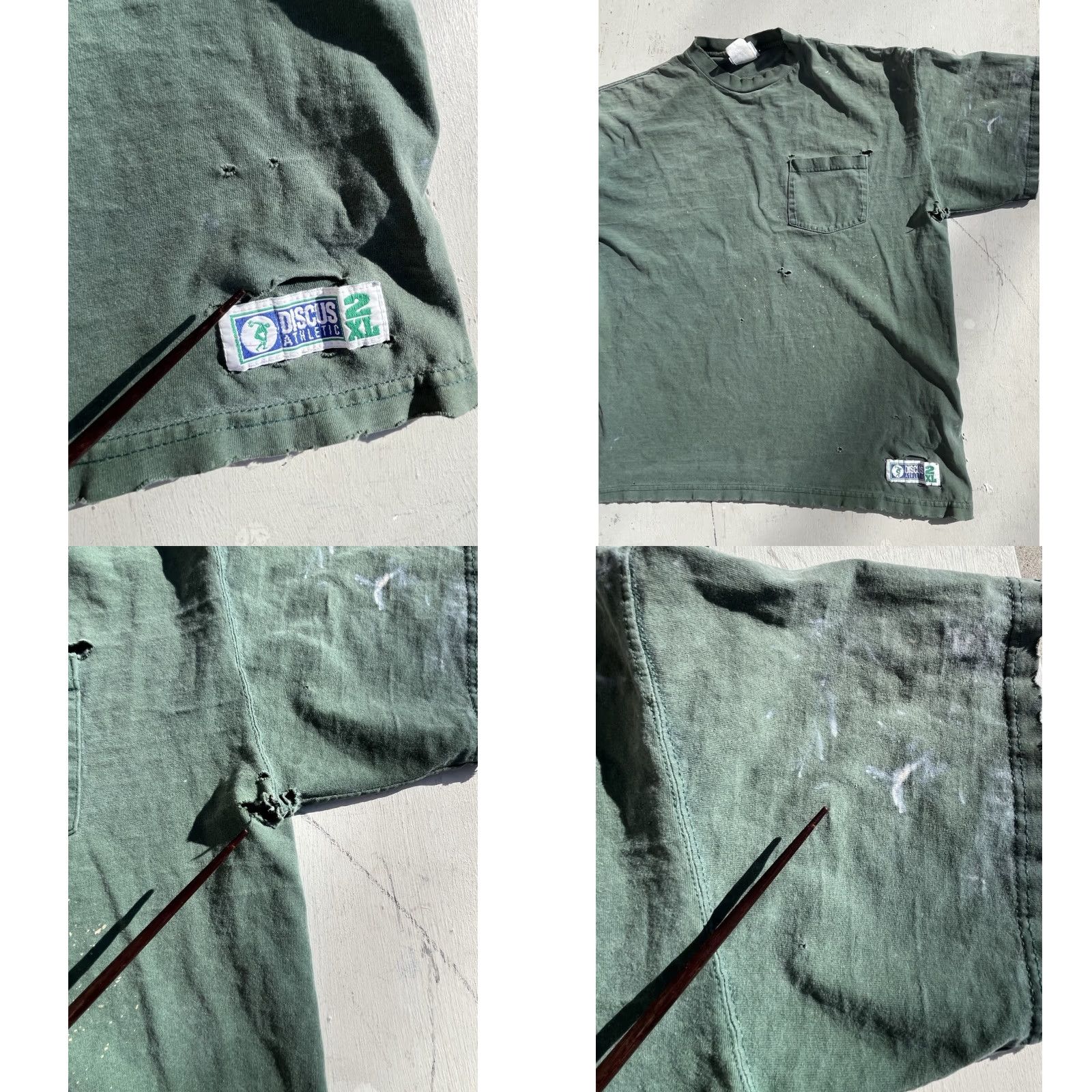 Vintage VINTAGE Discus Men's T-Shirt Green Solid Pocket 2XL THRASHED Grunge Workwear Distressed Crew Neck Short Sleeve USA 90s Logo Pocket Men's Size US XXL / EU 58 / 5 - 8 Thumbnail