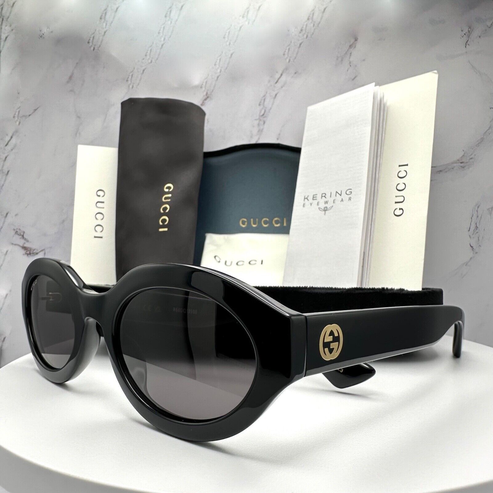 New GUCCI Sunglasses Black Oval Gold Interlocking GG