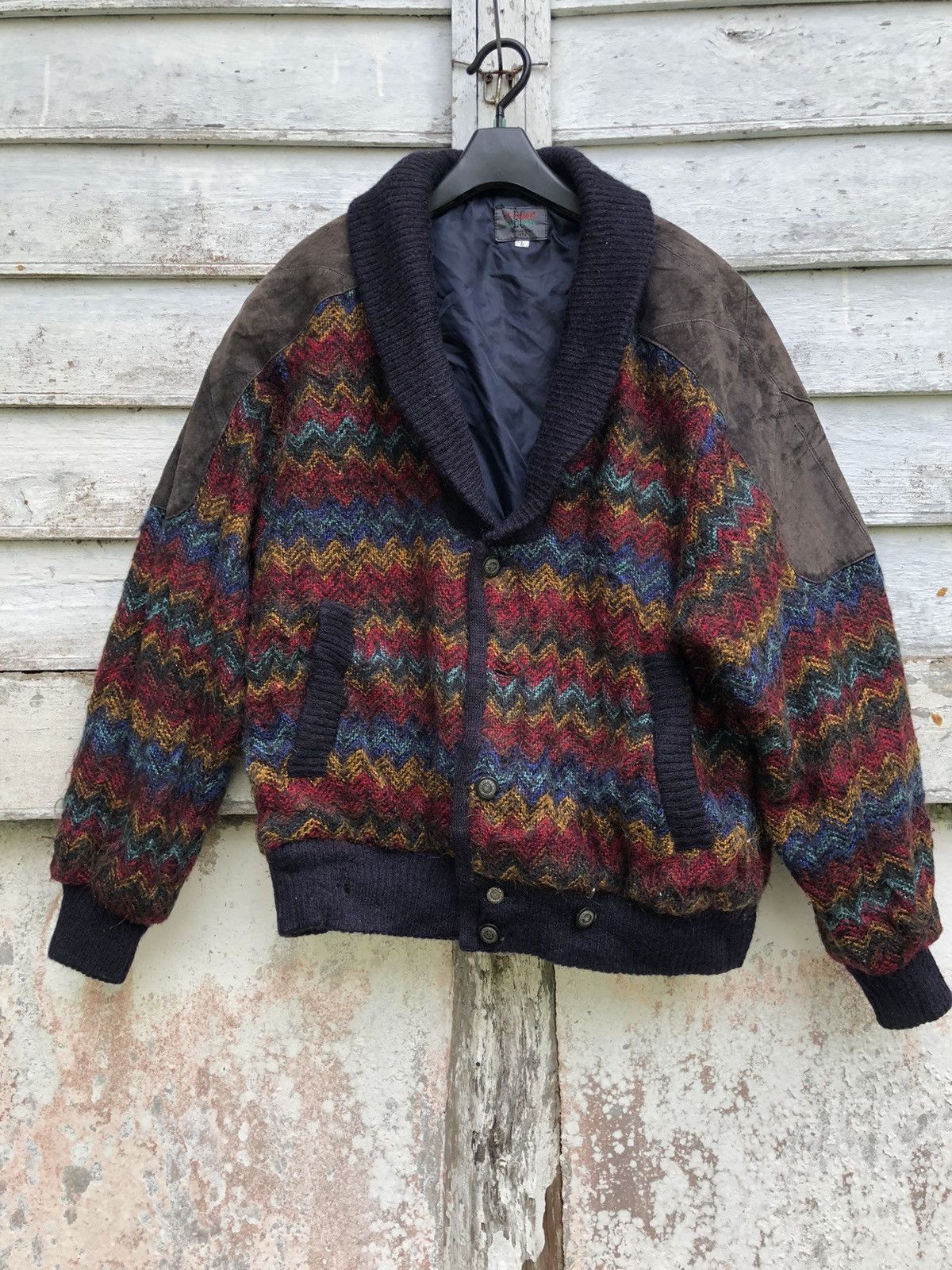 image of Bomber Jacket x Vintage Bi Colman Multicolour Mohair Wool Leather Patch, Men's (Size Large)